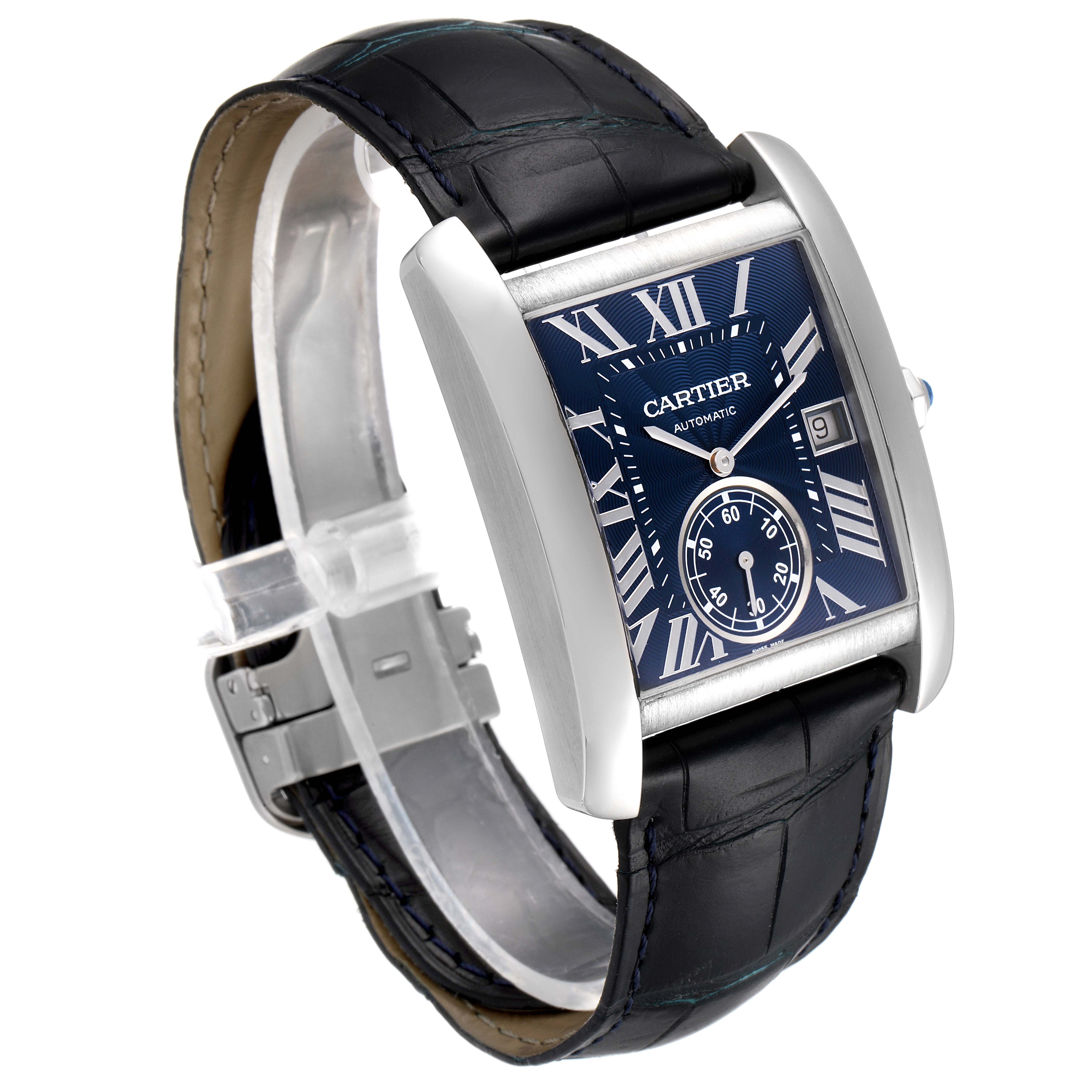 The image shows a Cartier Tank MC WSTA0010 Men's Stainless Steel Blue Dial WSTA0010 Men's Stainless Steel Blue Dial watch from a three-quarter angle, highlighting its face, band, and side profile.