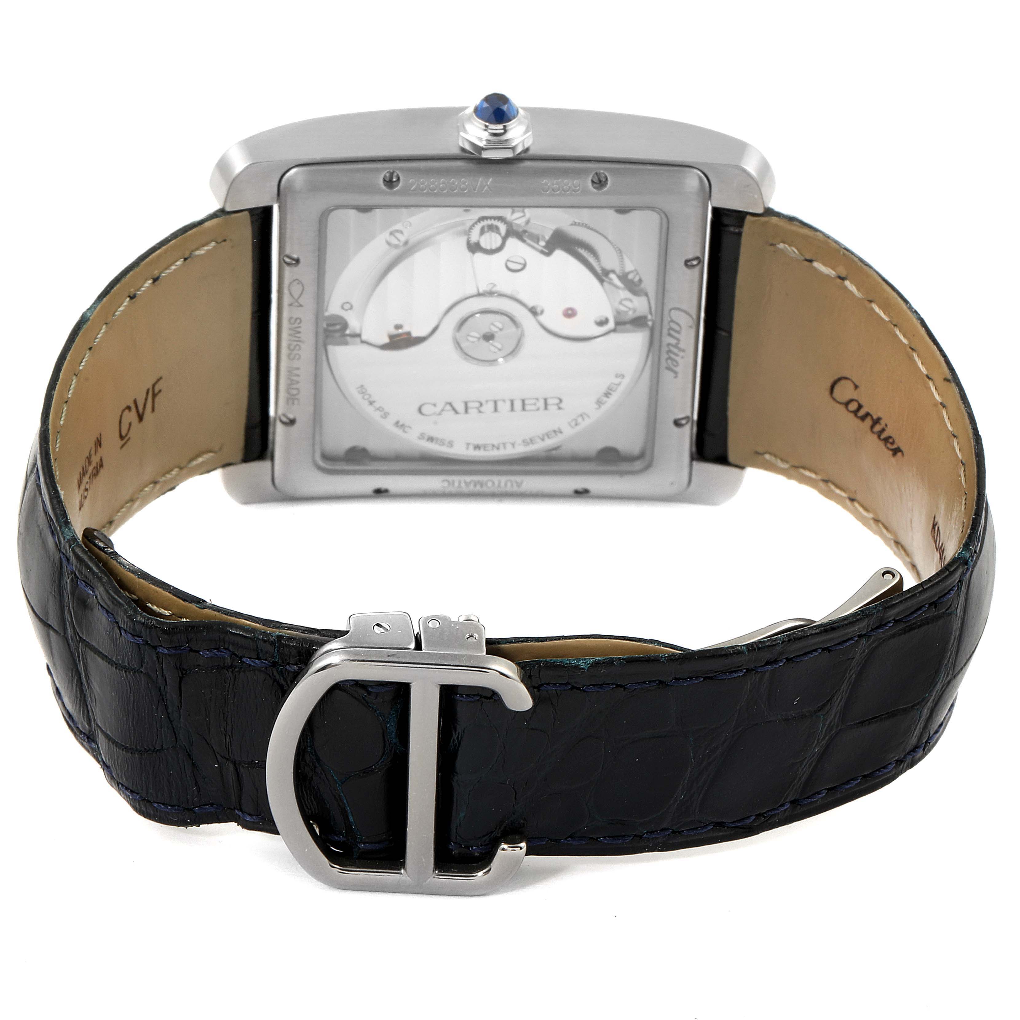 The image shows the back view of the Cartier Tank MC WSTA0010 Men's Stainless Steel Blue Dial WSTA0010 Men's Stainless Steel Blue Dial watch, displaying the movement, caseback, and leather strap with clasp.