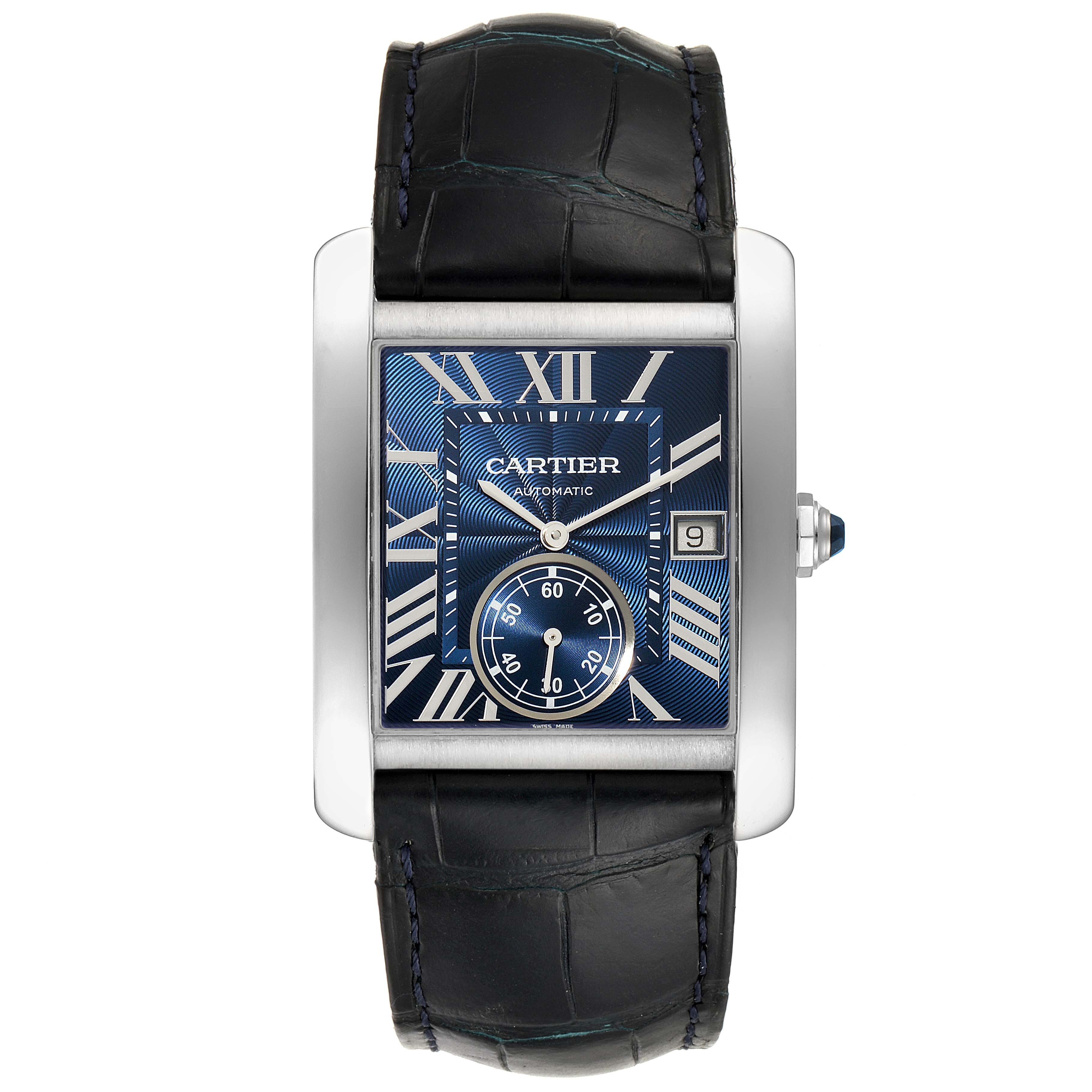 The image shows a front view of the Cartier Tank MC WSTA0010 Men's Stainless Steel Blue Dial WSTA0010 Men's Stainless Steel Blue Dial watch, displaying its blue dial, Roman numerals, date window, and black leather strap.