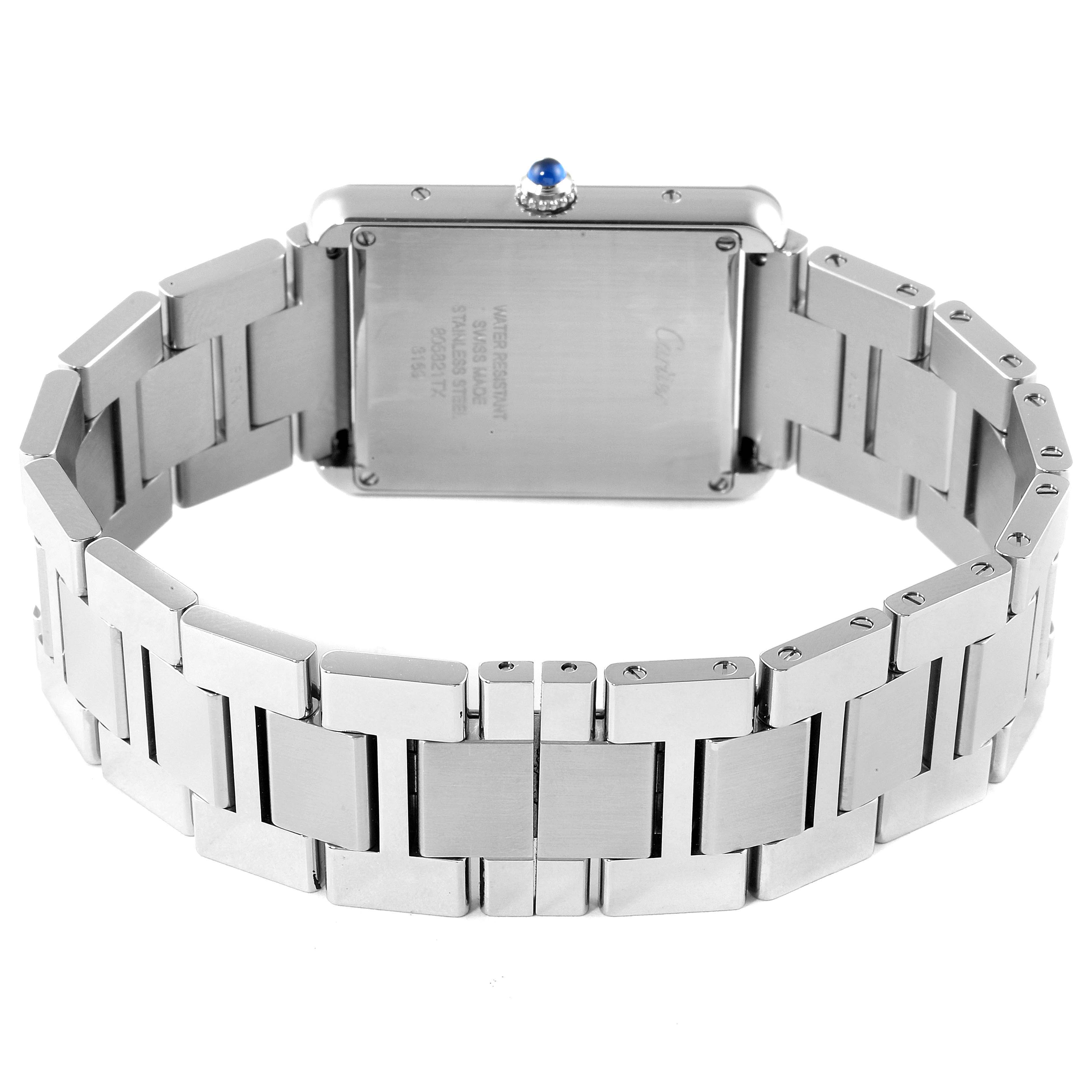 This image shows the back view of the Cartier Tank Solo W5200014 Men's Stainless Steel Silver Dial W5200014 Men's Stainless Steel Silver Dial watch, highlighting its stainless steel case and bracelet.