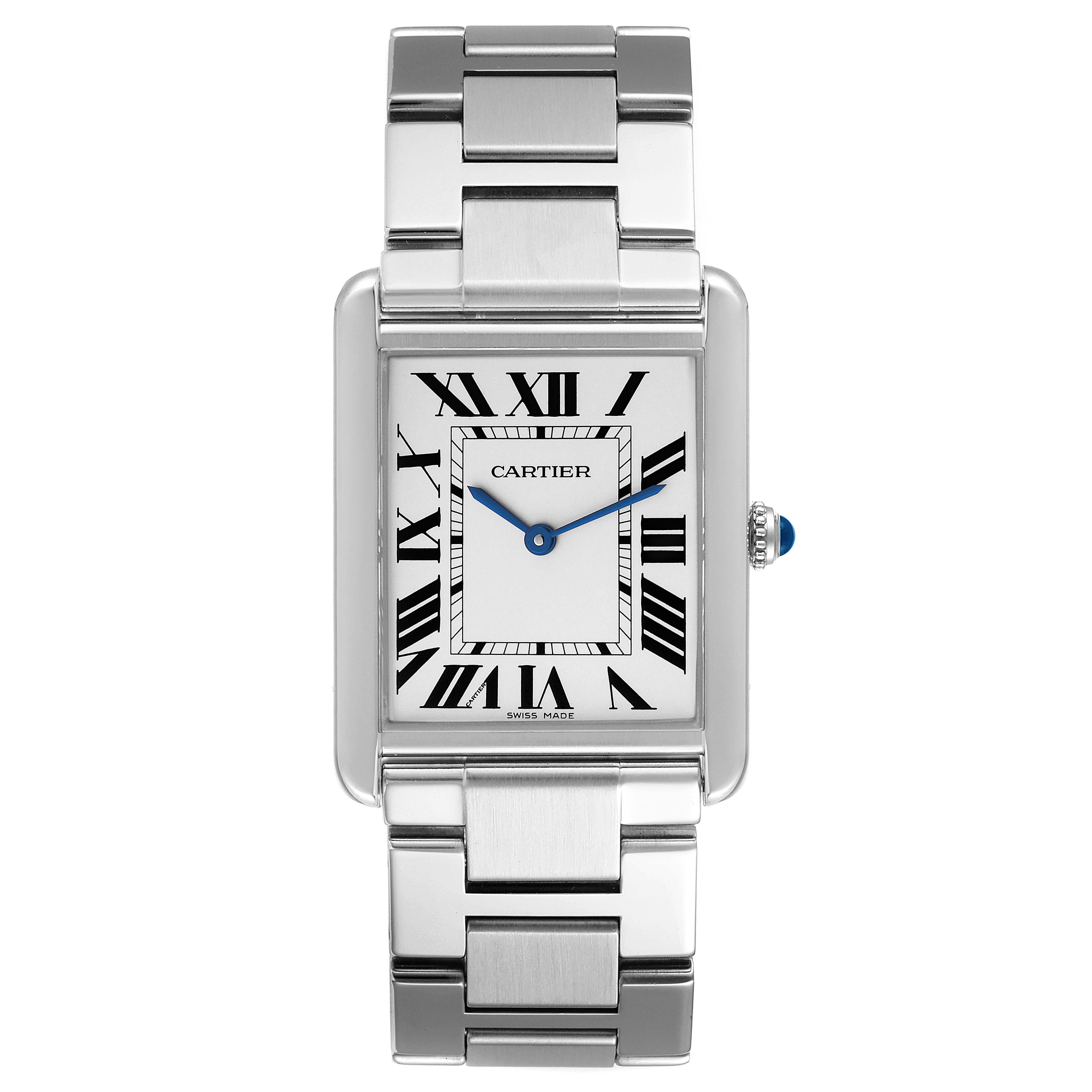 The Cartier Tank Solo W5200014 Men's Stainless Steel Silver Dial W5200014 Men's Stainless Steel Silver Dial watch is shown from the front, displaying its face, Roman numerals, and metal bracelet.