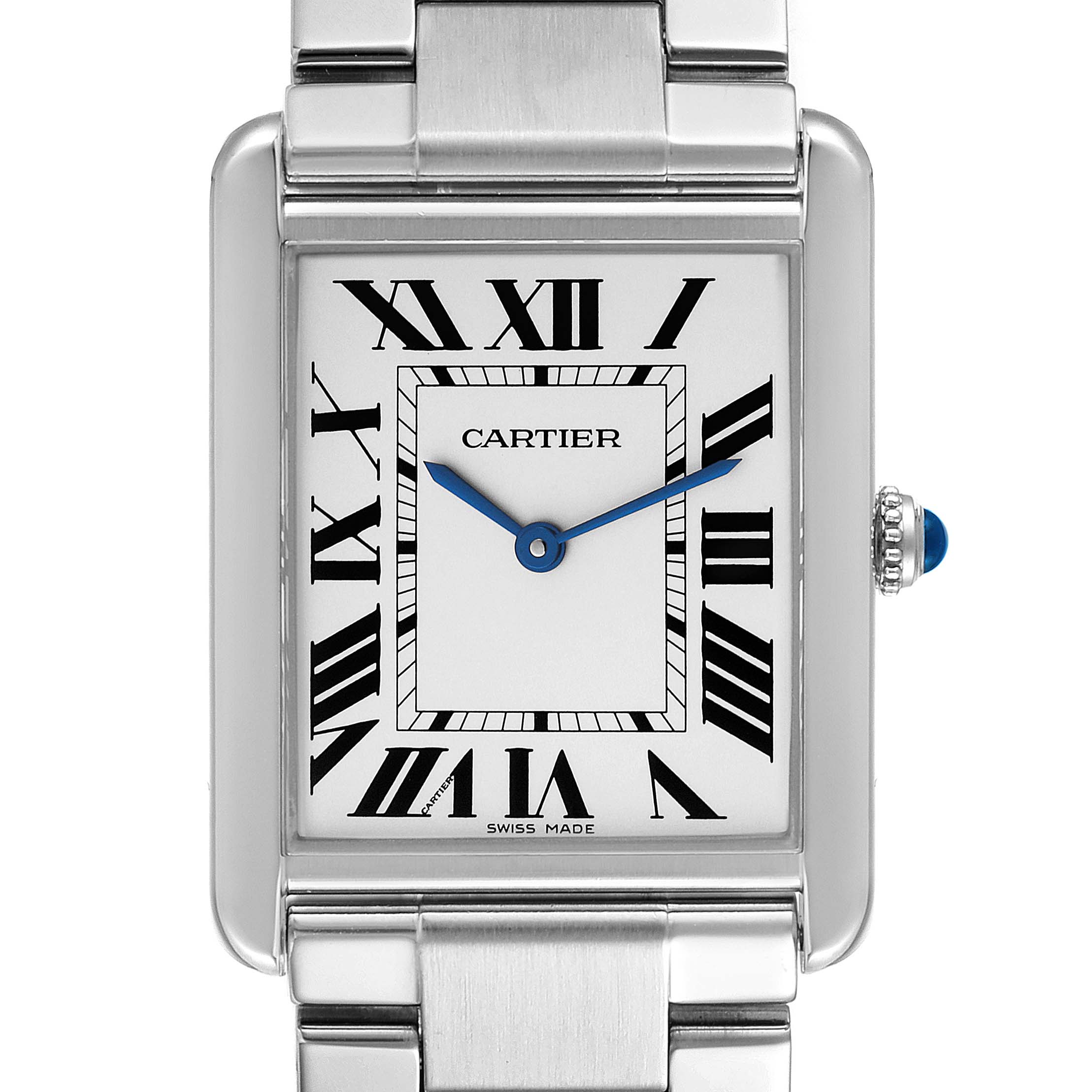 The image shows a front view of the Cartier Tank Solo W5200014 Men's Stainless Steel Silver Dial W5200014 Men's Stainless Steel Silver Dial watch, featuring its rectangular face, Roman numeral dial, and stainless steel bracelet.