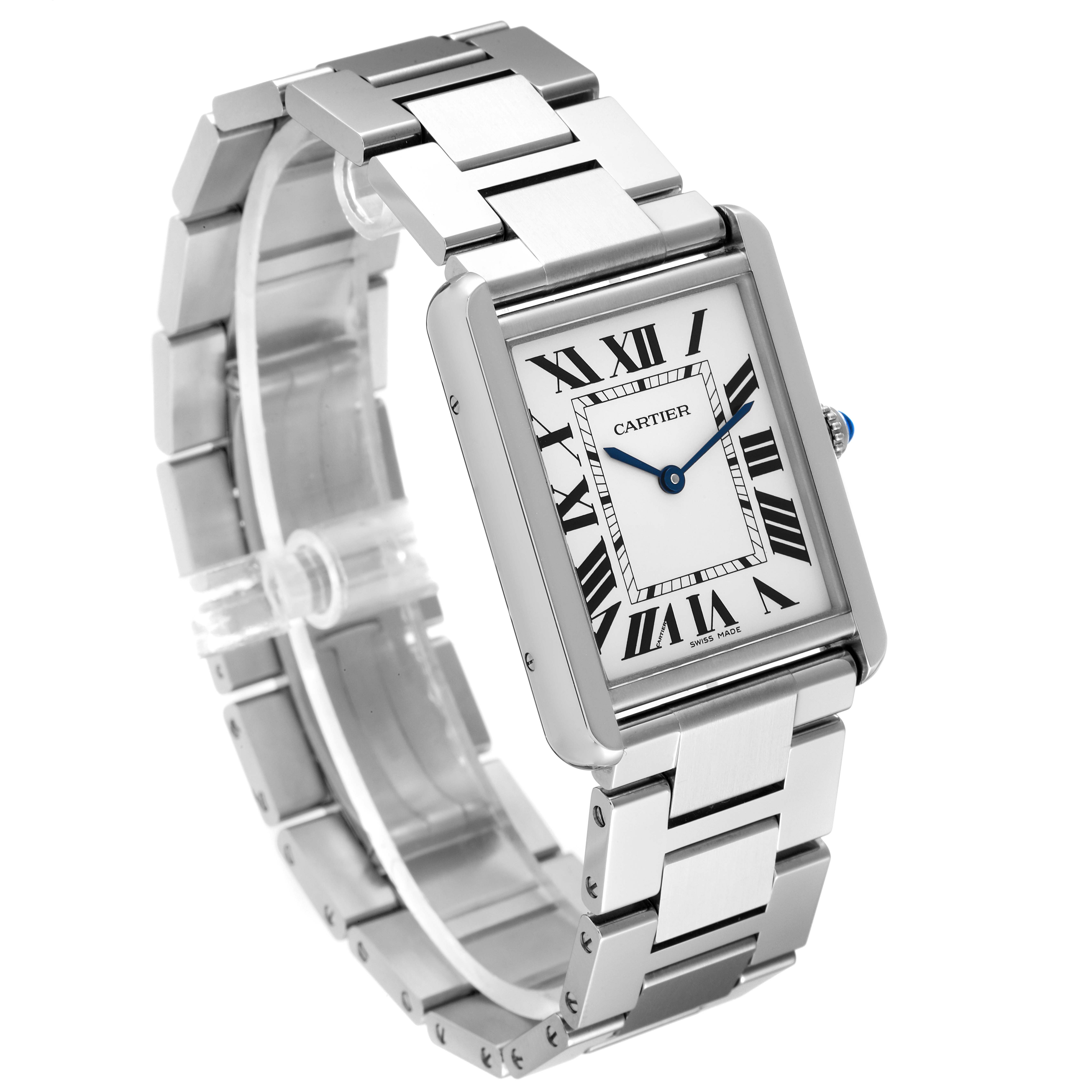 The image shows a Cartier Tank Solo W5200014 Men's Stainless Steel Silver Dial W5200014 Men's Stainless Steel Silver Dial watch at a slightly angled front view highlighting its face and metal bracelet.