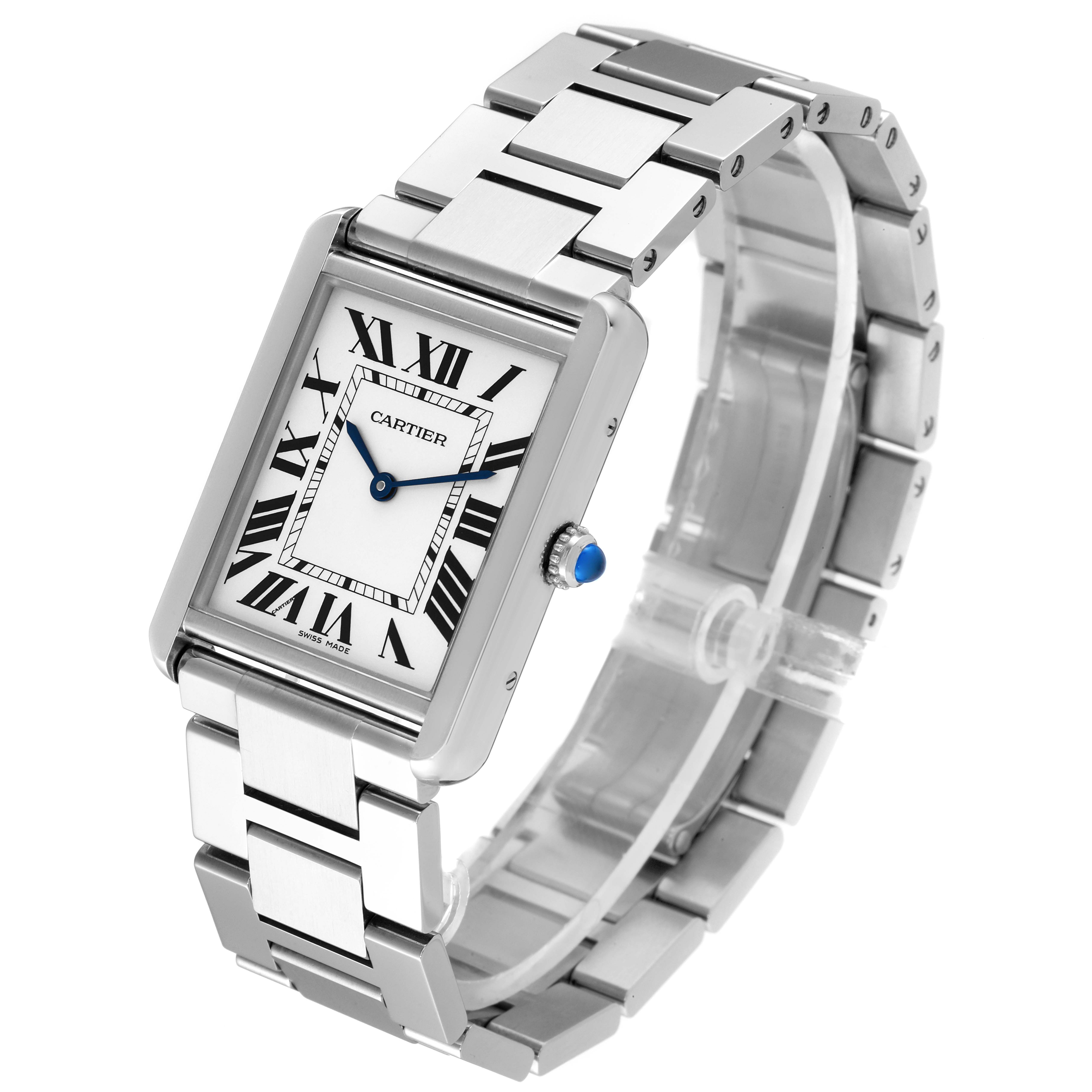 The Cartier Tank Solo W5200014 Men's Stainless Steel Silver Dial W5200014 Men's Stainless Steel Silver Dial watch is shown at a 3/4 front angle, displaying its rectangular face, Roman numerals, and metal bracelet.