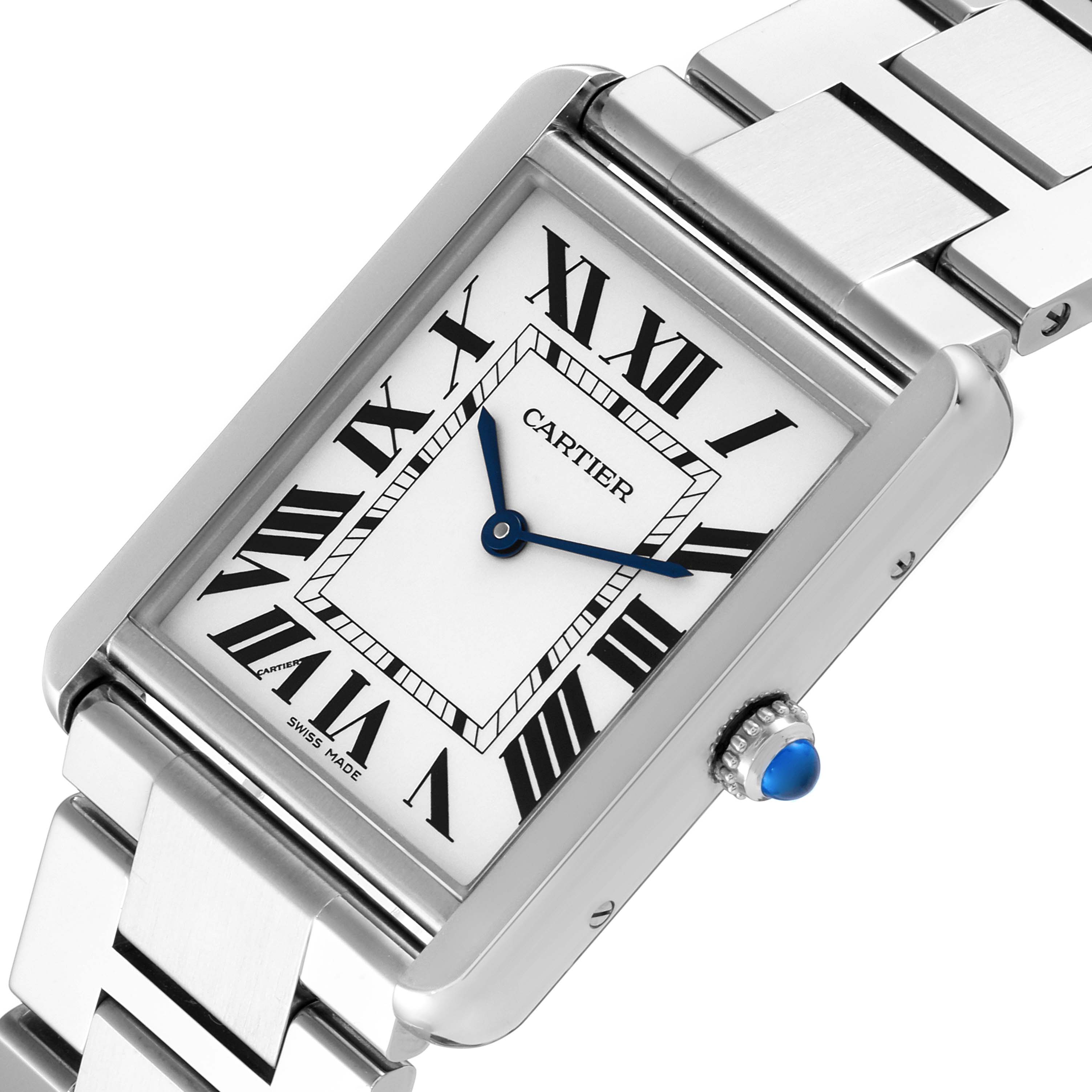 The image shows a close-up angled view of a Cartier Tank Solo W5200014 Men's Stainless Steel Silver Dial W5200014 Men's Stainless Steel Silver Dial watch, highlighting the face, Roman numerals, hands, bezel, and bracelet.