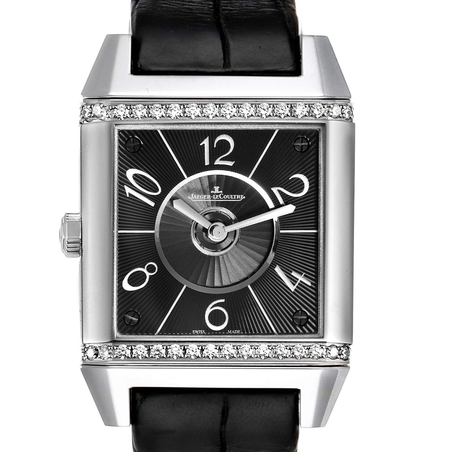 This is a front view of a Jaeger LeCoultre Reverso Q7058430  Women's Stainless Steel Silver Dial Q7058430  Women's Stainless Steel Silver Dial watch, showcasing its rectangular dial, black strap, and diamond-set bezel.