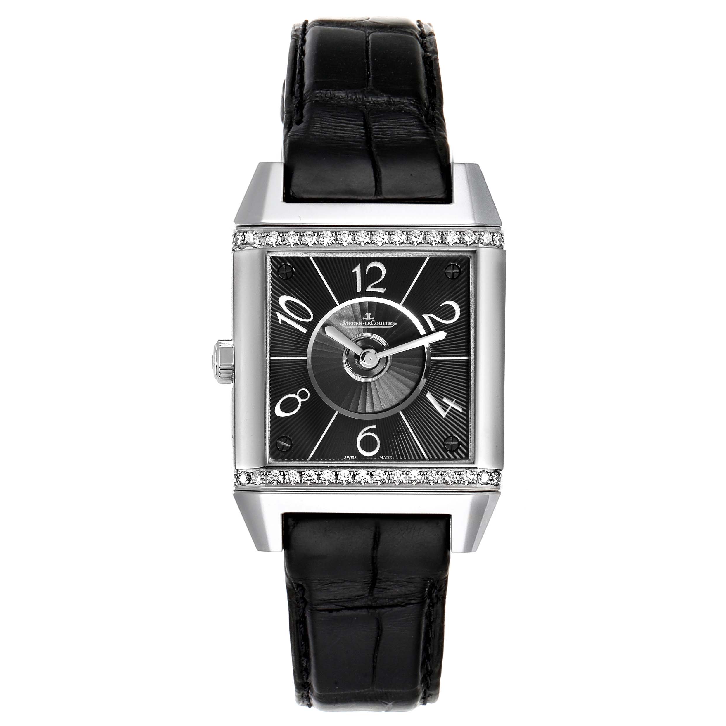 The image shows a front view of a Jaeger LeCoultre Reverso Q7058430  Women's Stainless Steel Silver Dial Q7058430  Women's Stainless Steel Silver Dial watch, highlighting its black dial, Arabic numerals, and black leather strap.