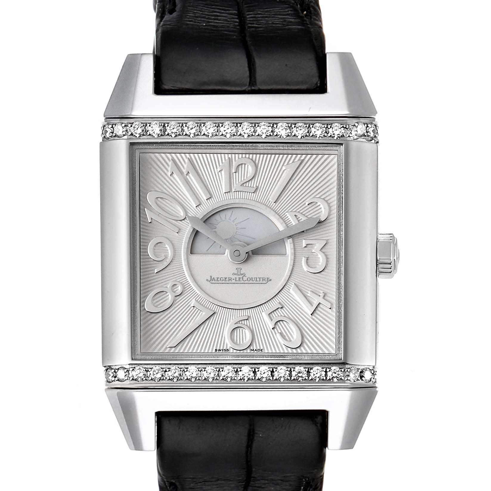 The Jaeger-LeCoultre Reverso watch is shown from the front, displaying the dial, case, and leather strap.