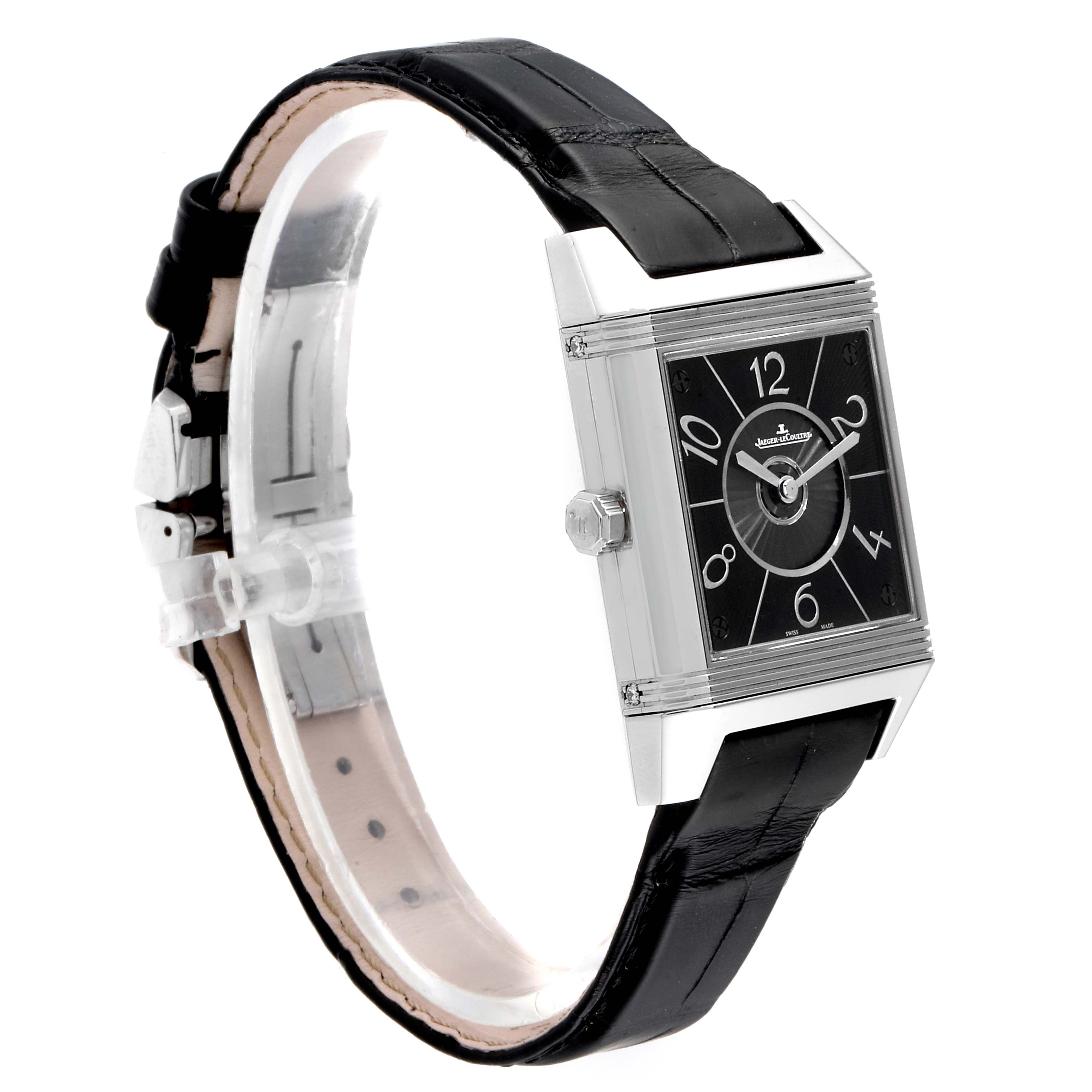 This image shows a Jaeger LeCoultre Reverso Q7058430  Women's Stainless Steel Silver Dial Q7058430  Women's Stainless Steel Silver Dial watch at a 3/4 angle, displaying the watch face, crown, and black leather strap.