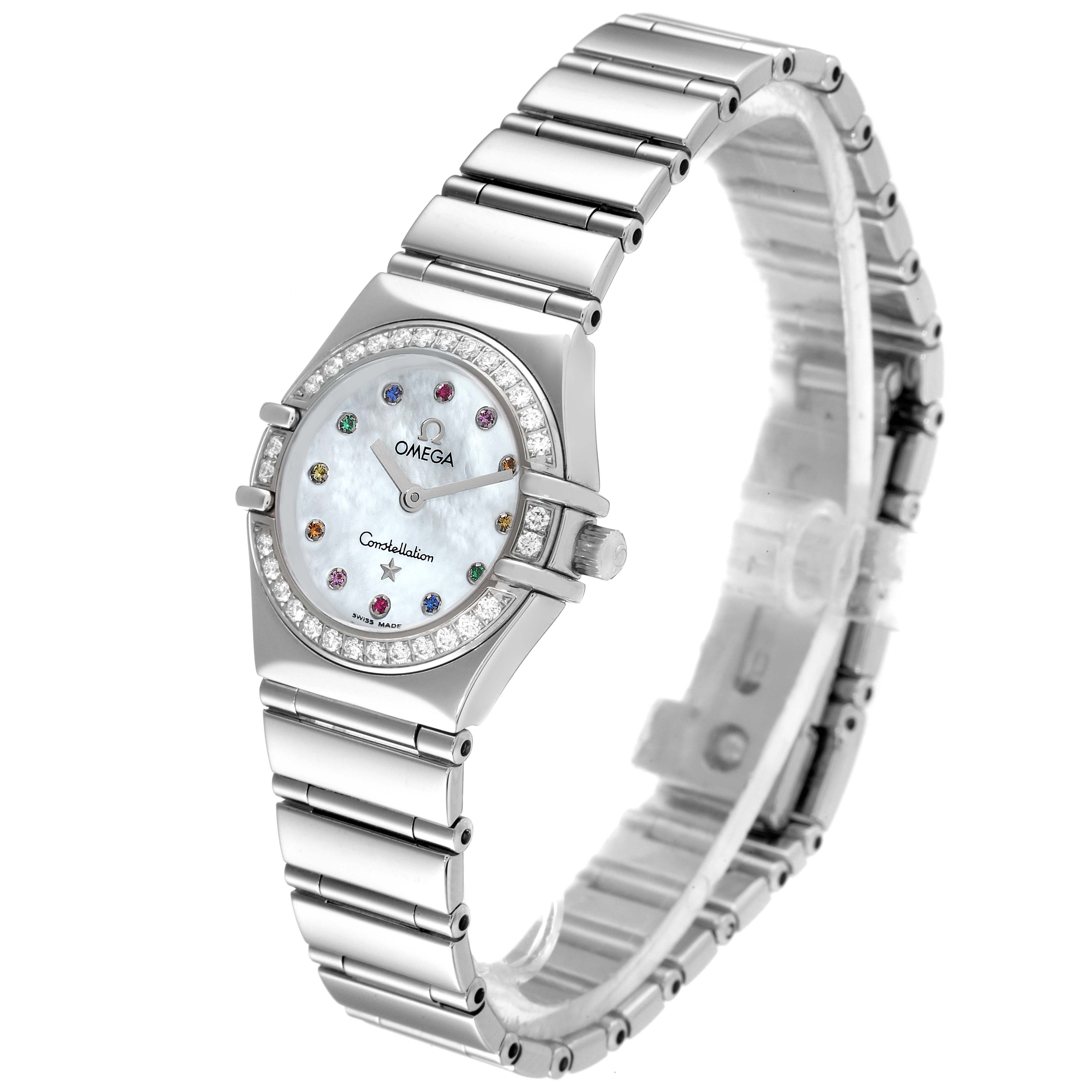 The Omega 1465.79.00 Women
s Stainless Steel Mother of Pearl Dial 1465.79.00 Women
s Stainless Steel Mother of Pearl Dial Constellation Iris My Choice Steel Multi Stone Ladies Watch 1465.79.00 is shown at a slight angle displaying the face and bracelet.