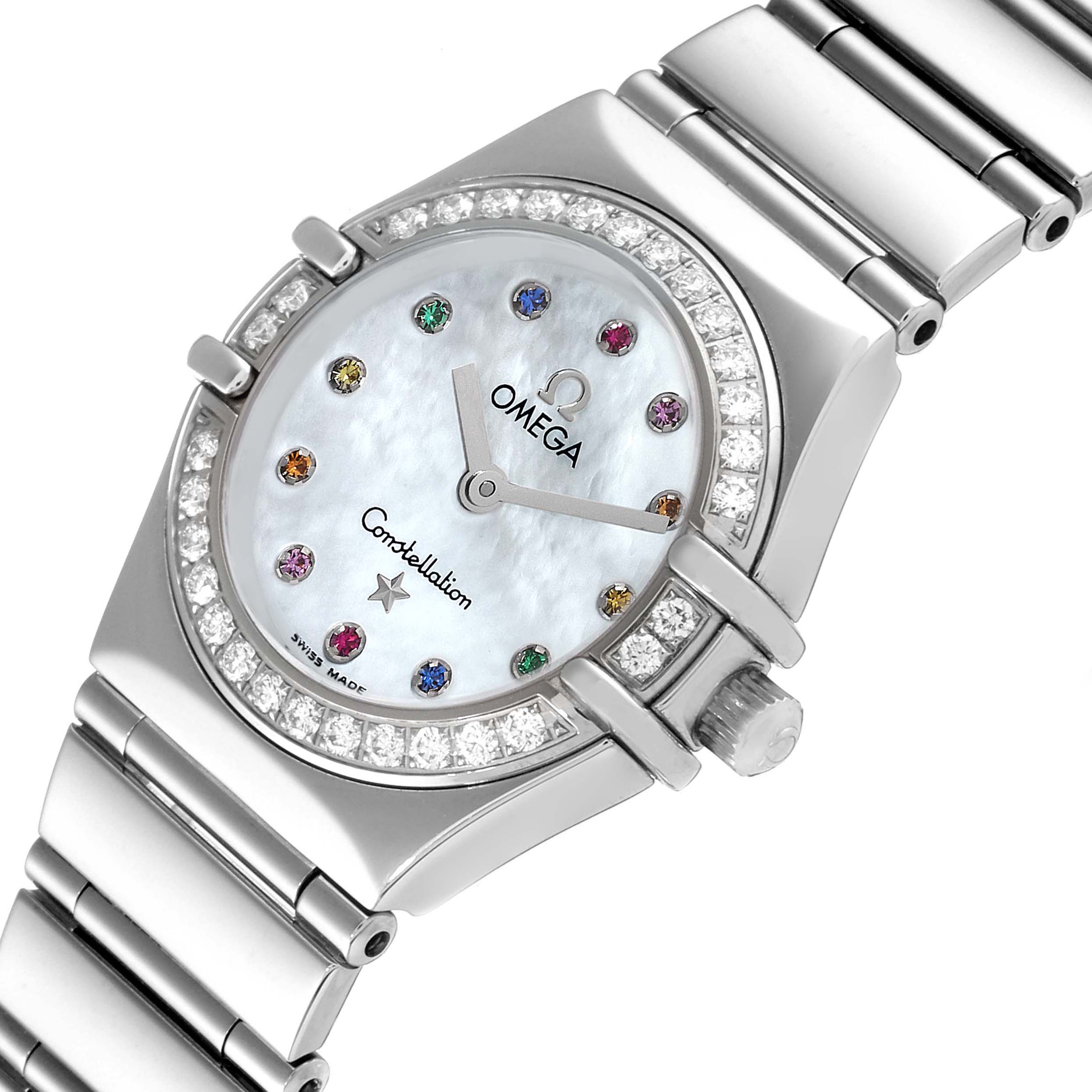 The image shows an angled view of the Omega 1465.79.00 Women
s Stainless Steel Mother of Pearl Dial 1465.79.00 Women
s Stainless Steel Mother of Pearl Dial Constellation Iris My Choice Steel Multi Stone Ladies Watch 1465.79.00, highlighting the dial, bezel, and bracelet.