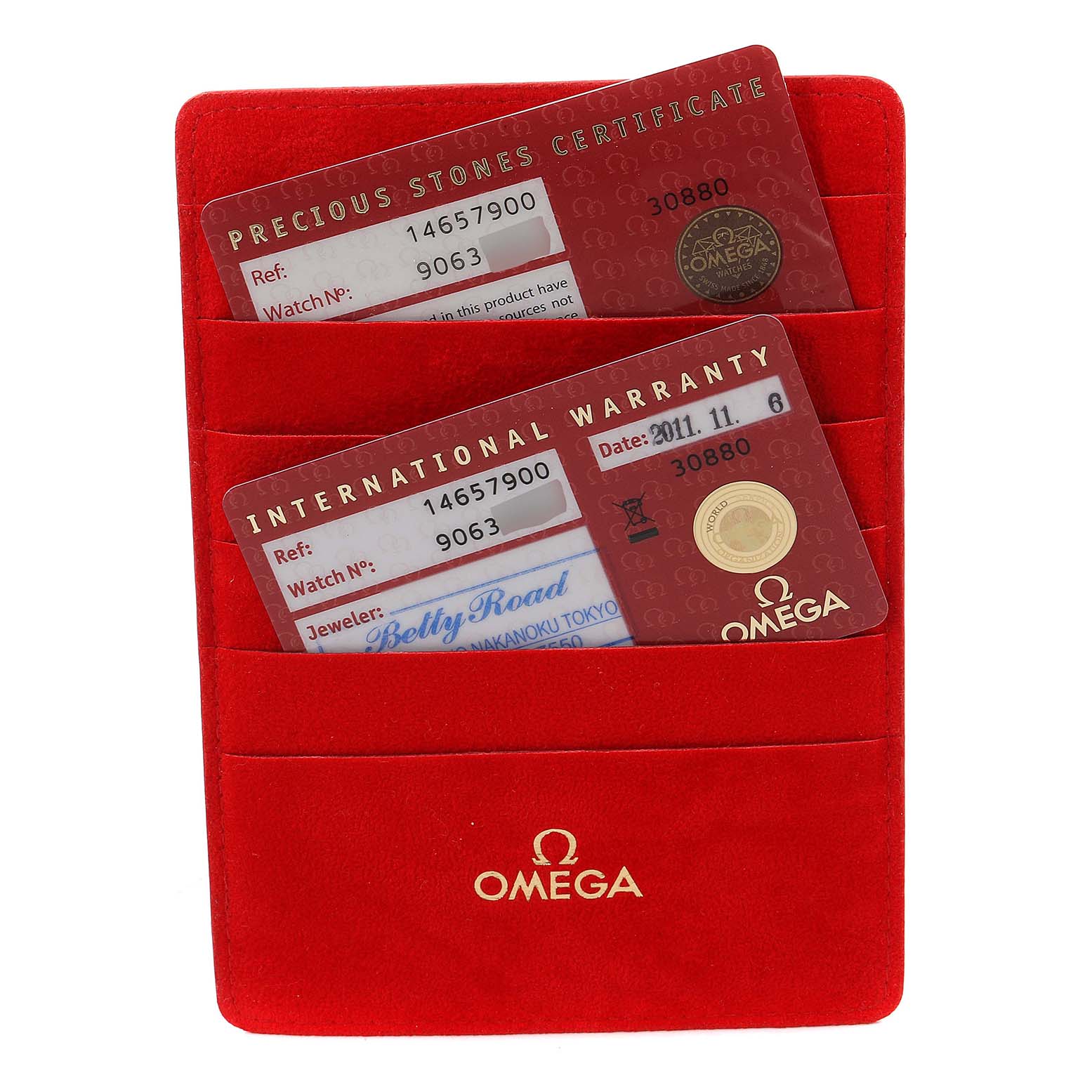 The image shows an Omega 1465.79.00 Women
s Stainless Steel Mother of Pearl Dial 1465.79.00 Women
s Stainless Steel Mother of Pearl Dial International Warranty card and Precious Stones Certificate for the Constellation Iris My Choice Steel Multi Stone Ladies Watch 1465.79.00.