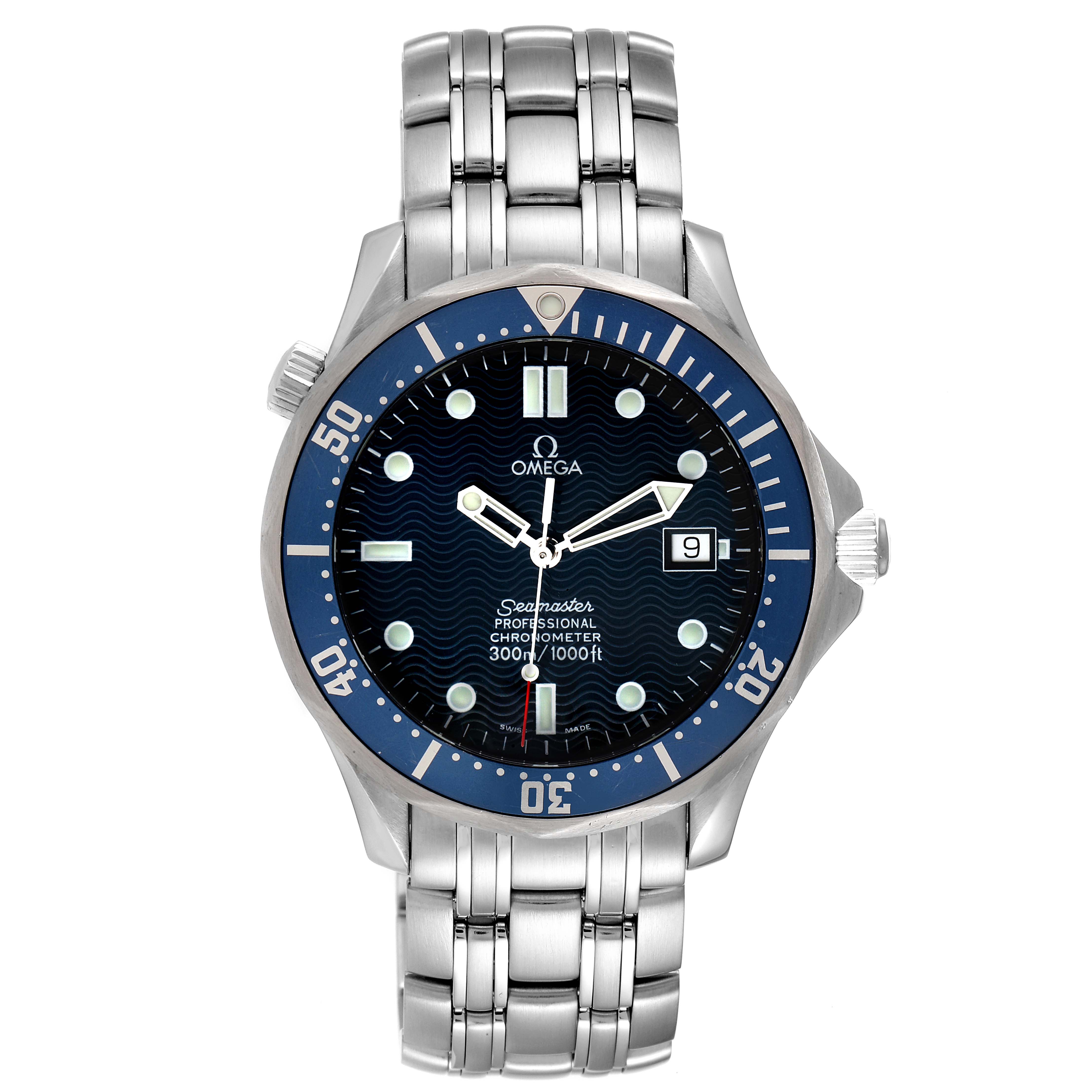 This image shows the full front view of an Omega Seamaster 2531.80.00 Men's Stainless Steel Blue Dial 2531.80.00 Men's Stainless Steel Blue Dial watch, highlighting the face, bezel, and bracelet.