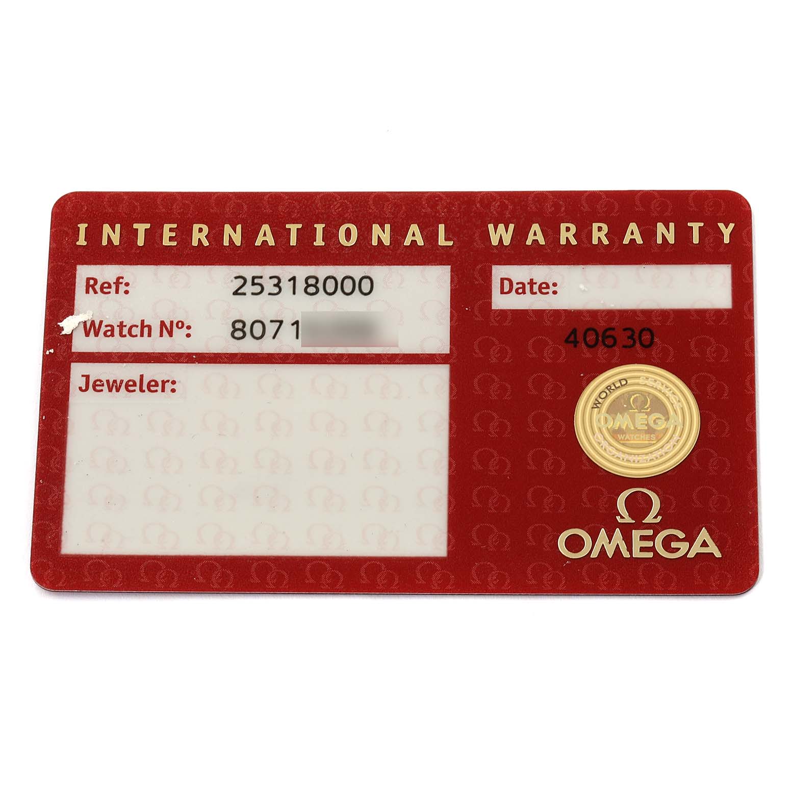 The image shows an Omega Seamaster 2531.80.00 Men's Stainless Steel Blue Dial 2531.80.00 Men's Stainless Steel Blue Dial International Warranty card with reference and watch number information.