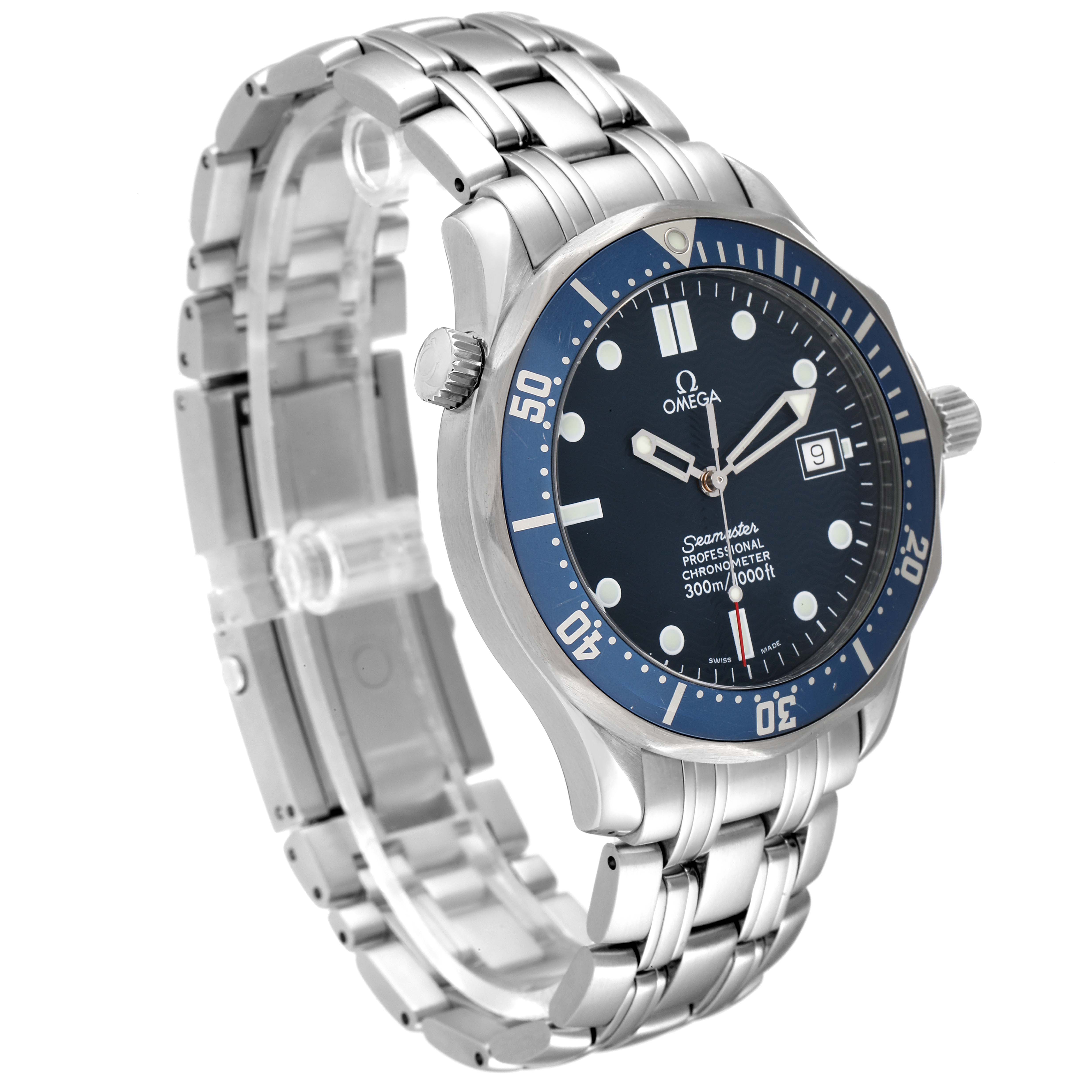 The Omega Seamaster 2531.80.00 Men's Stainless Steel Blue Dial 2531.80.00 Men's Stainless Steel Blue Dial watch is shown at a slight angle, highlighting its face, bezel, crown, and bracelet.