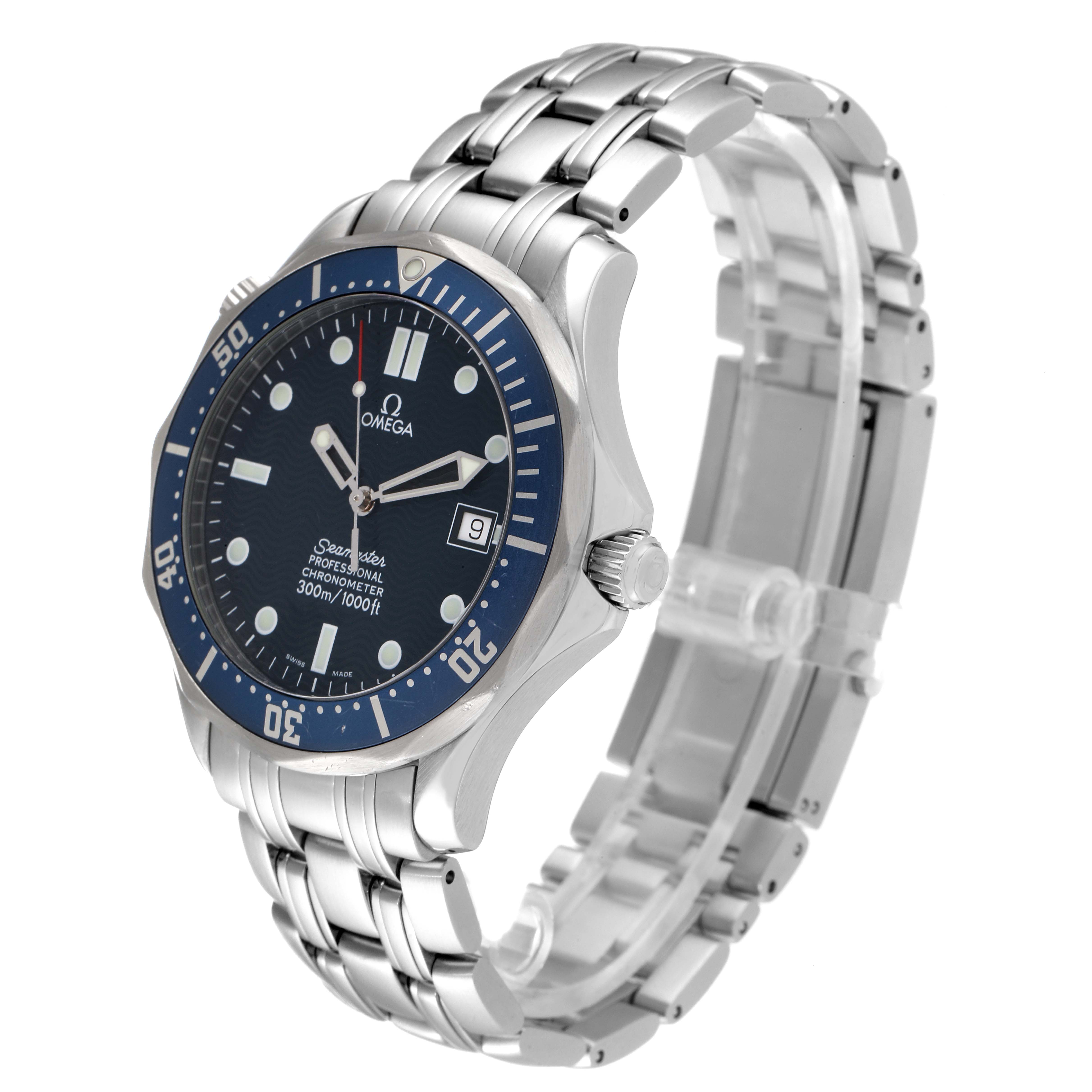 The image shows a close-up, side-angle view of the Omega Seamaster 2531.80.00 Men's Stainless Steel Blue Dial 2531.80.00 Men's Stainless Steel Blue Dial watch, highlighting the dial, bezel, and stainless steel bracelet.