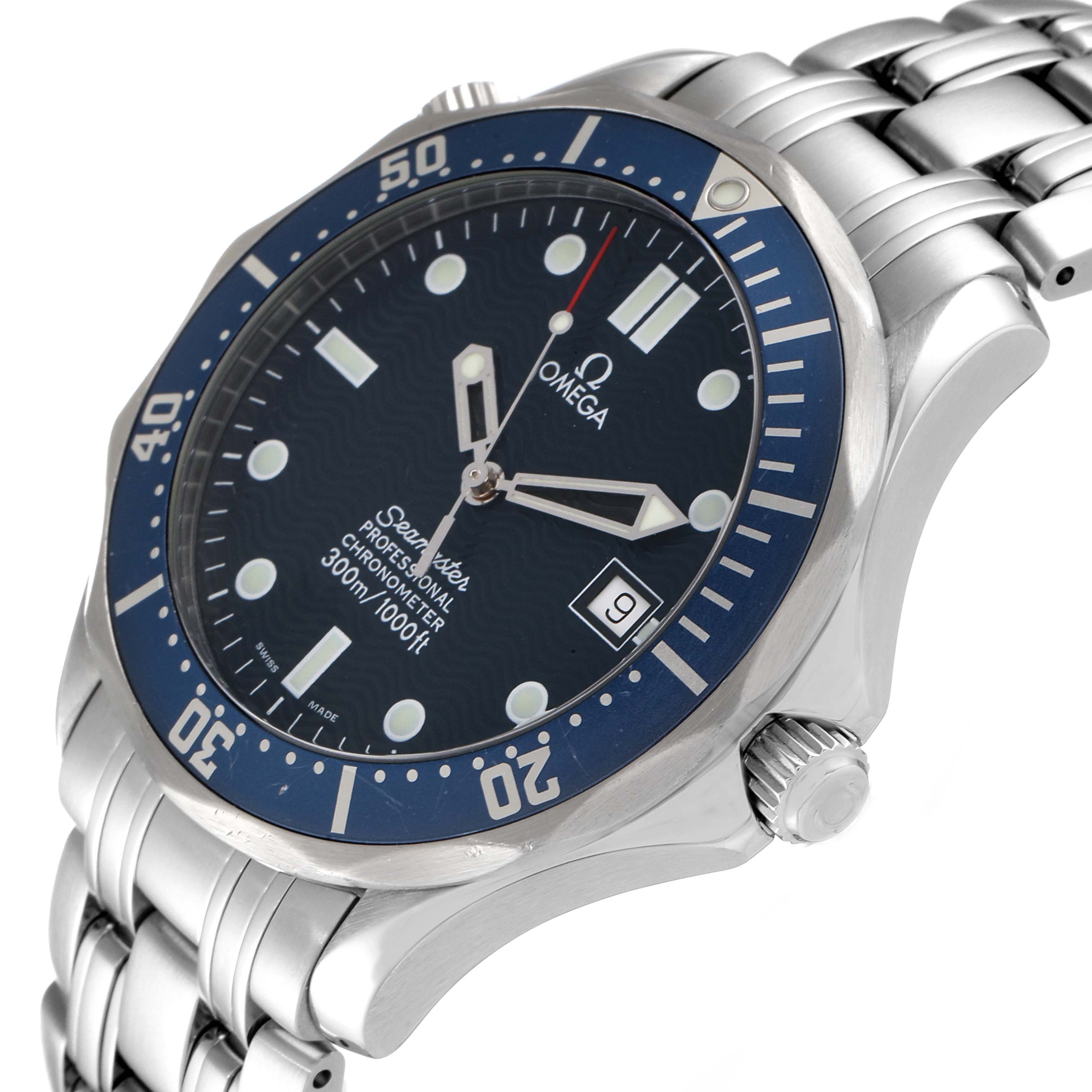 The image shows a side view of an Omega Seamaster 2531.80.00 Men's Stainless Steel Blue Dial 2531.80.00 Men's Stainless Steel Blue Dial watch, highlighting the dial, bezel, crown, and part of the bracelet.