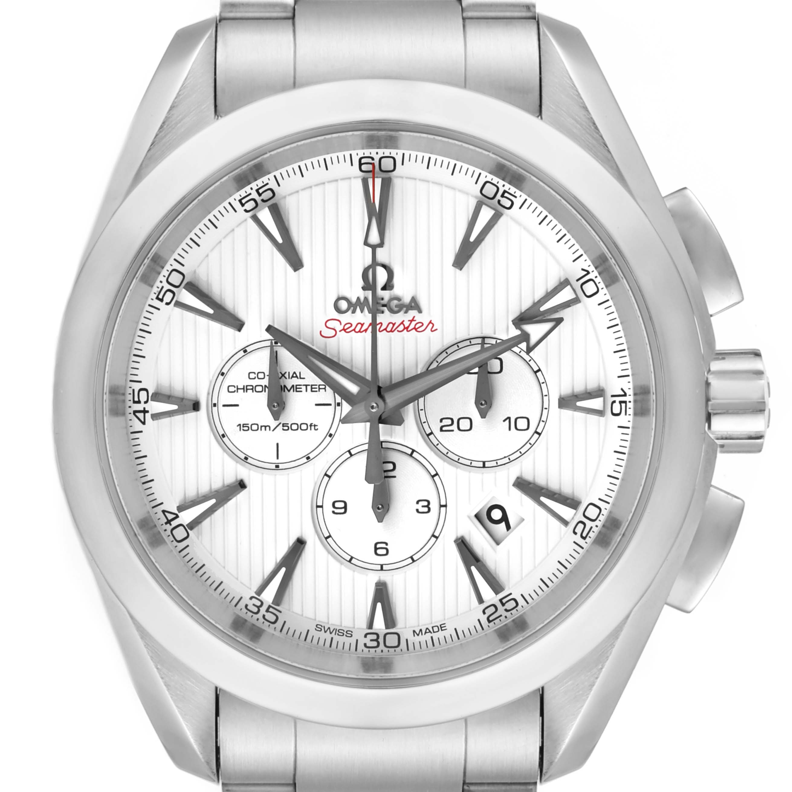The image shows a frontal view of the Omega Aqua Terra 231.10.44.50.04.001 Men
s Stainless Steel White Dial 231.10.44.50.04.001 Men
s Stainless Steel White Dial Seamaster watch, highlighting its face, dial, and steel band.