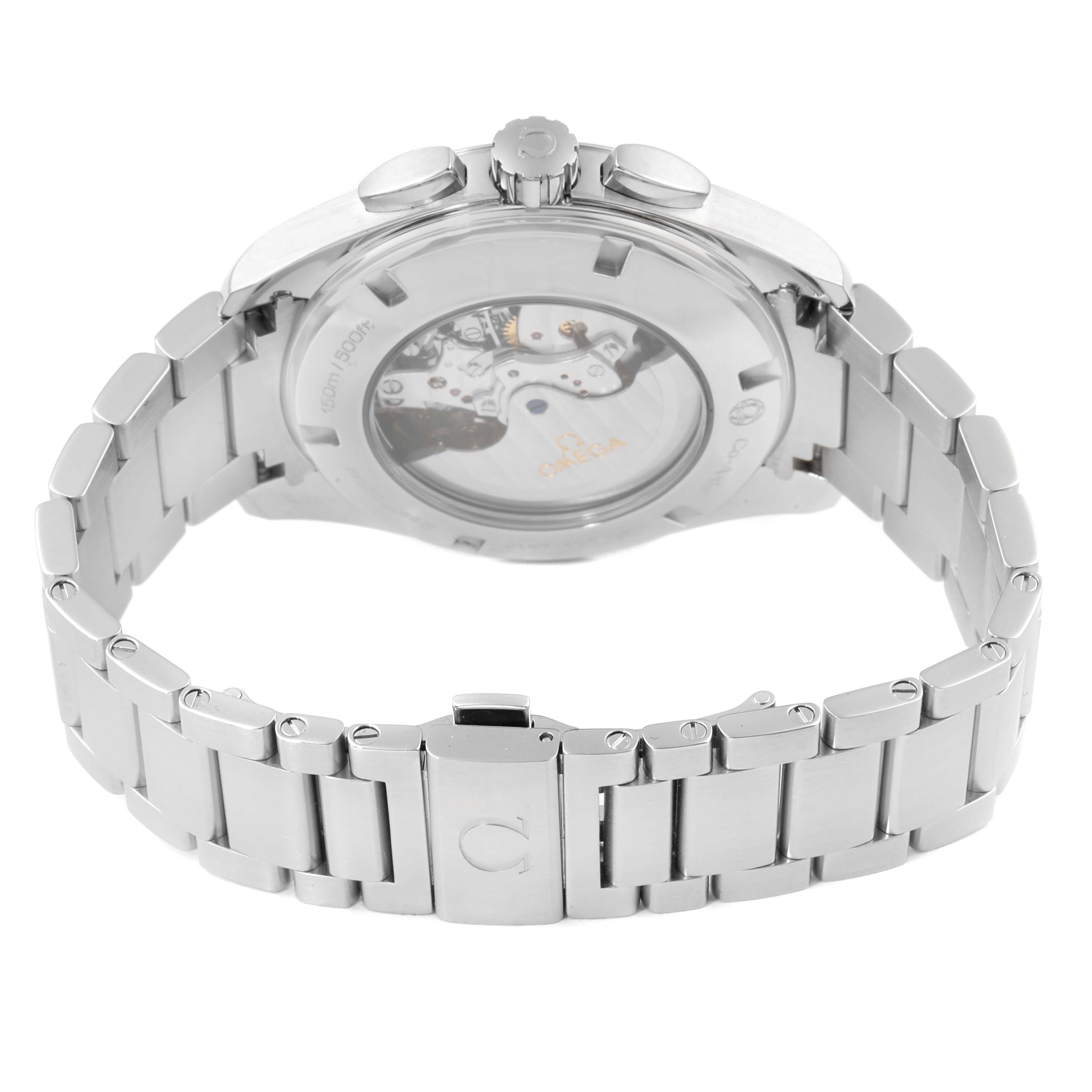 The image shows the back view of the Omega Aqua Terra 231.10.44.50.04.001 Men
s Stainless Steel White Dial 231.10.44.50.04.001 Men
s Stainless Steel White Dial watch, highlighting its transparent caseback and stainless steel bracelet.