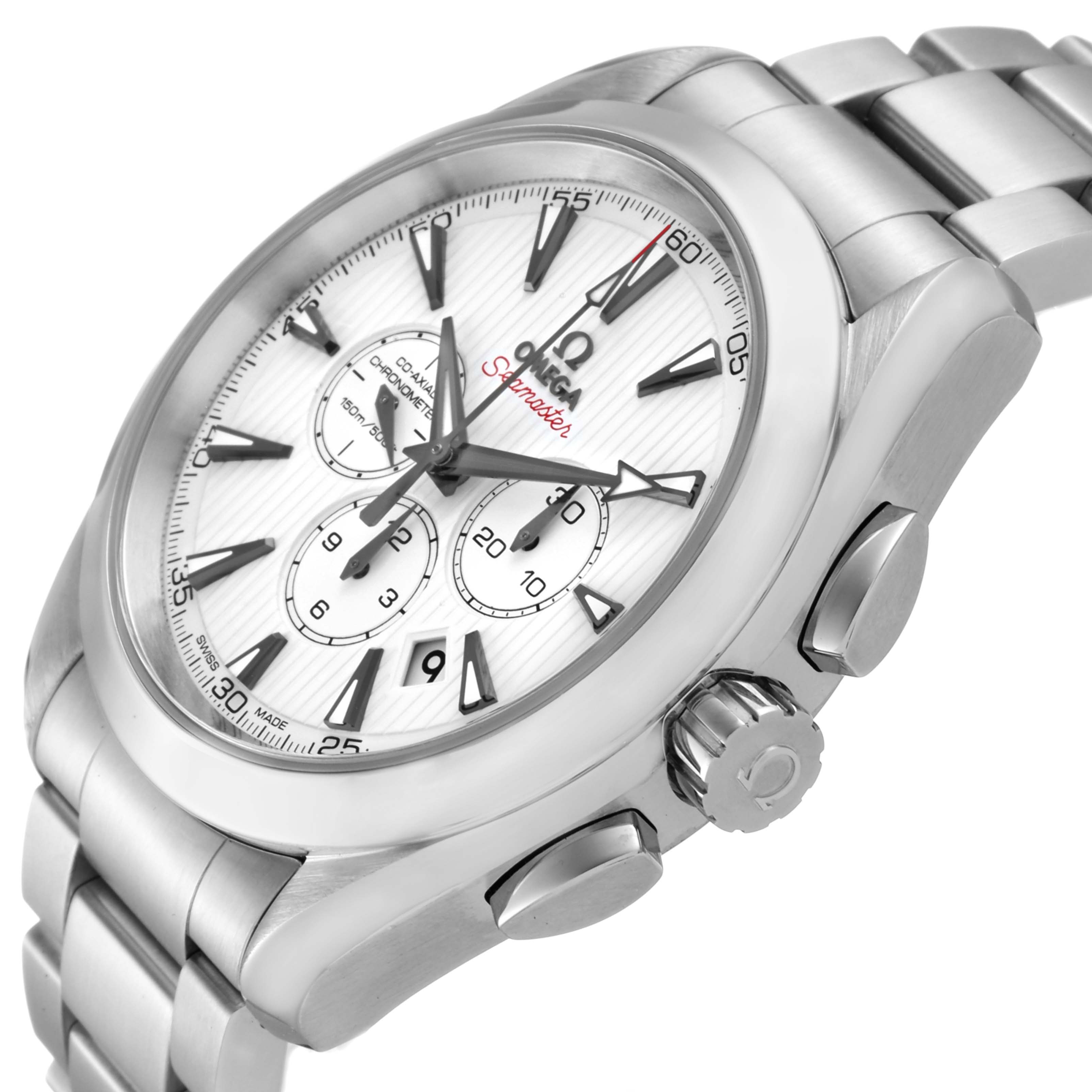 The image shows a side and angled view of the Omega Aqua Terra 231.10.44.50.04.001 Men
s Stainless Steel White Dial 231.10.44.50.04.001 Men
s Stainless Steel White Dial watch, highlighting the dial, crown, pushers, and part of the bracelet.