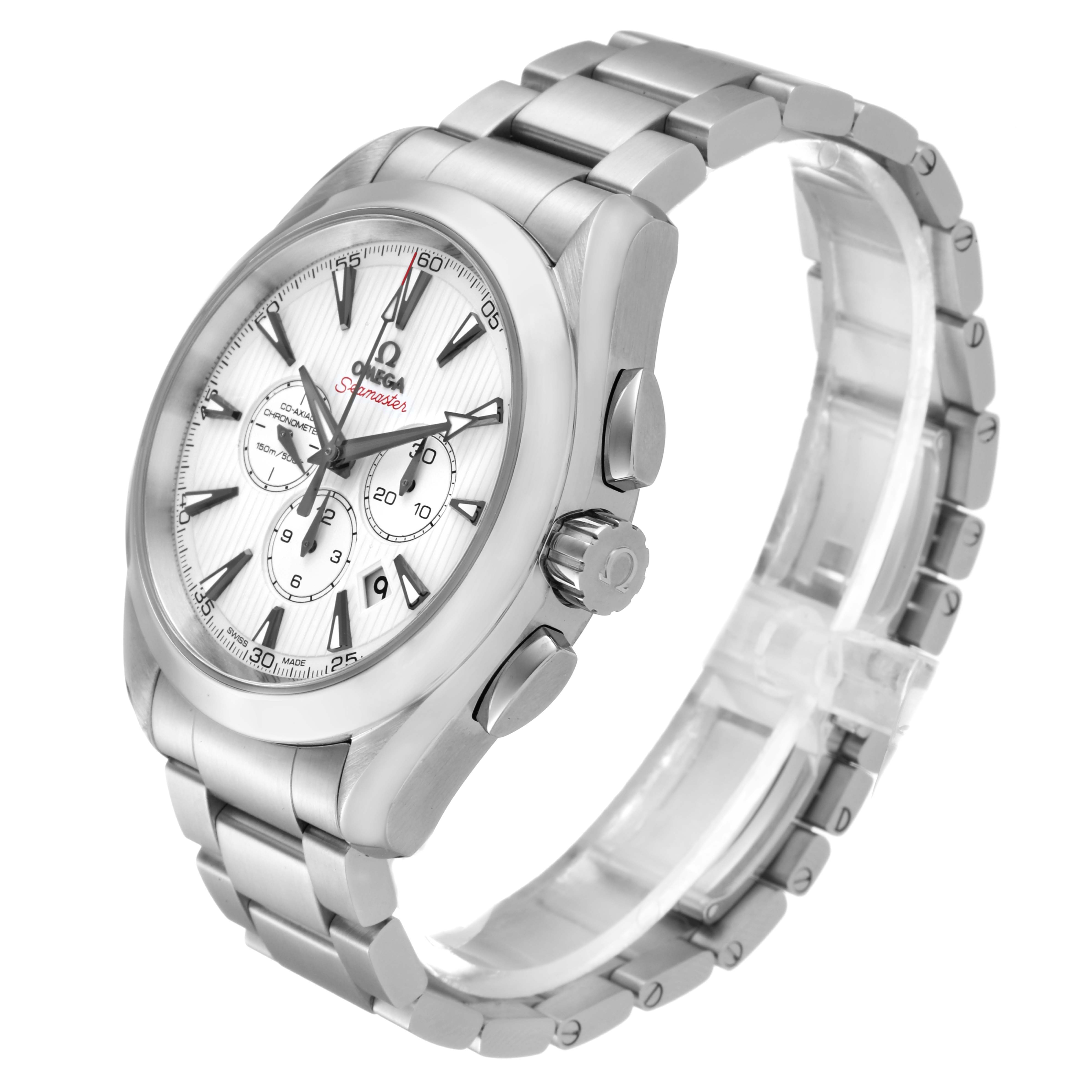 The Omega Aqua Terra 231.10.44.50.04.001 Men
s Stainless Steel White Dial 231.10.44.50.04.001 Men
s Stainless Steel White Dial watch is shown at a three-quarter angle displaying the dial, bracelet, crown, and pushers.