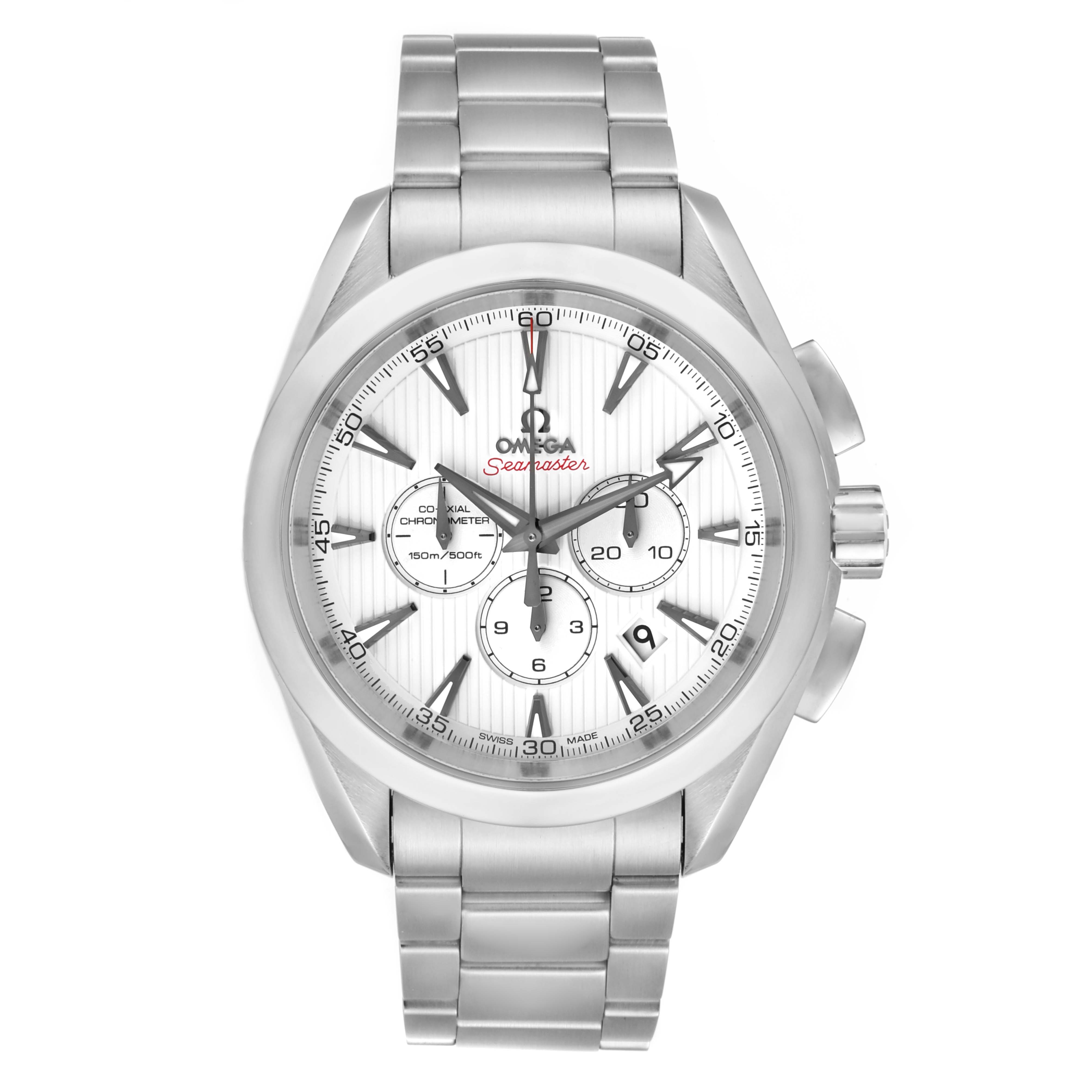 The image shows a front view of the Omega Aqua Terra 231.10.44.50.04.001 Men
s Stainless Steel White Dial 231.10.44.50.04.001 Men
s Stainless Steel White Dial watch, displaying its face, bracelet, and chronograph subdials.