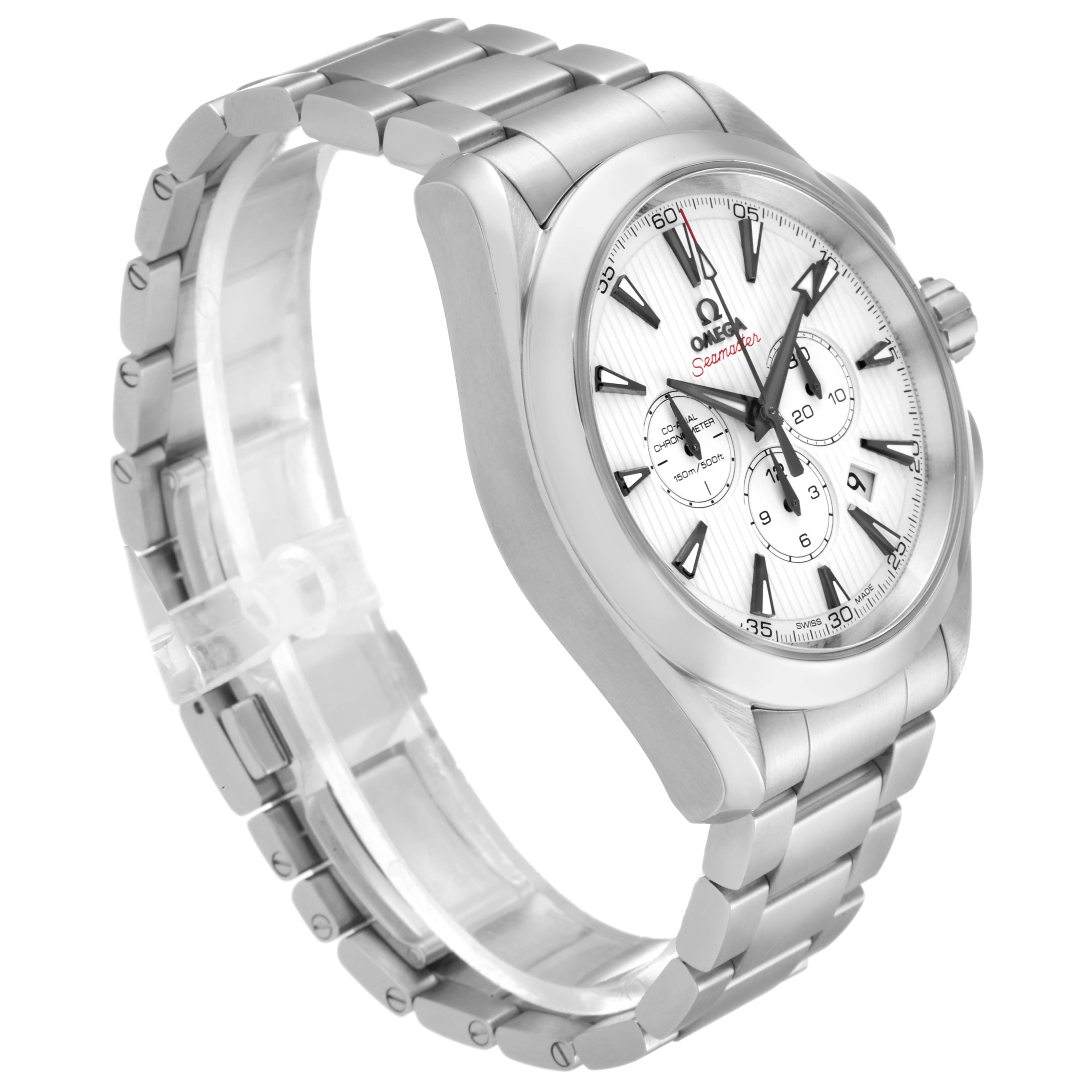 The Omega Aqua Terra 231.10.44.50.04.001 Men
s Stainless Steel White Dial 231.10.44.50.04.001 Men
s Stainless Steel White Dial watch is shown from a 3/4 angle displaying its face, bezel, crown, and metal bracelet.