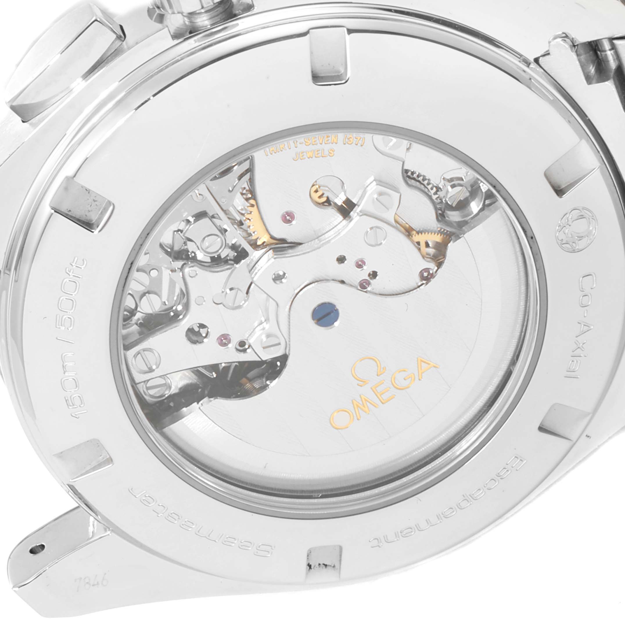 The image shows the back case of an Omega Aqua Terra 231.10.44.50.04.001 Men
s Stainless Steel White Dial 231.10.44.50.04.001 Men
s Stainless Steel White Dial watch, focusing on its visible movement and Co-Axial mechanism.