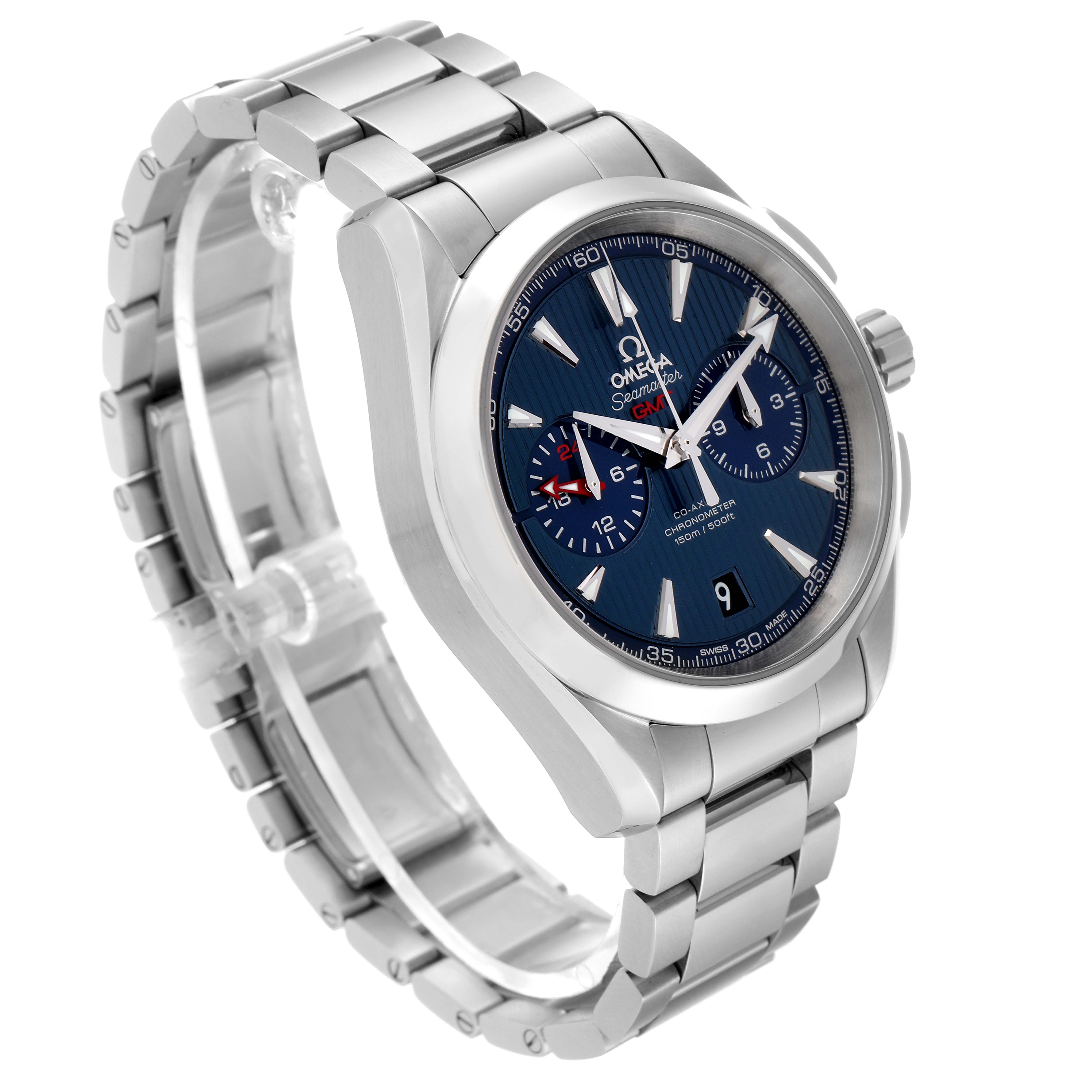 The Omega Aqua Terra 231.10.43.52.03.001 Men
s Stainless Steel Blue Dial 231.10.43.52.03.001 Men
s Stainless Steel Blue Dial watch model is shown at a three-quarter angle, highlighting the blue dial, subdials, stainless steel case, and bracelet.