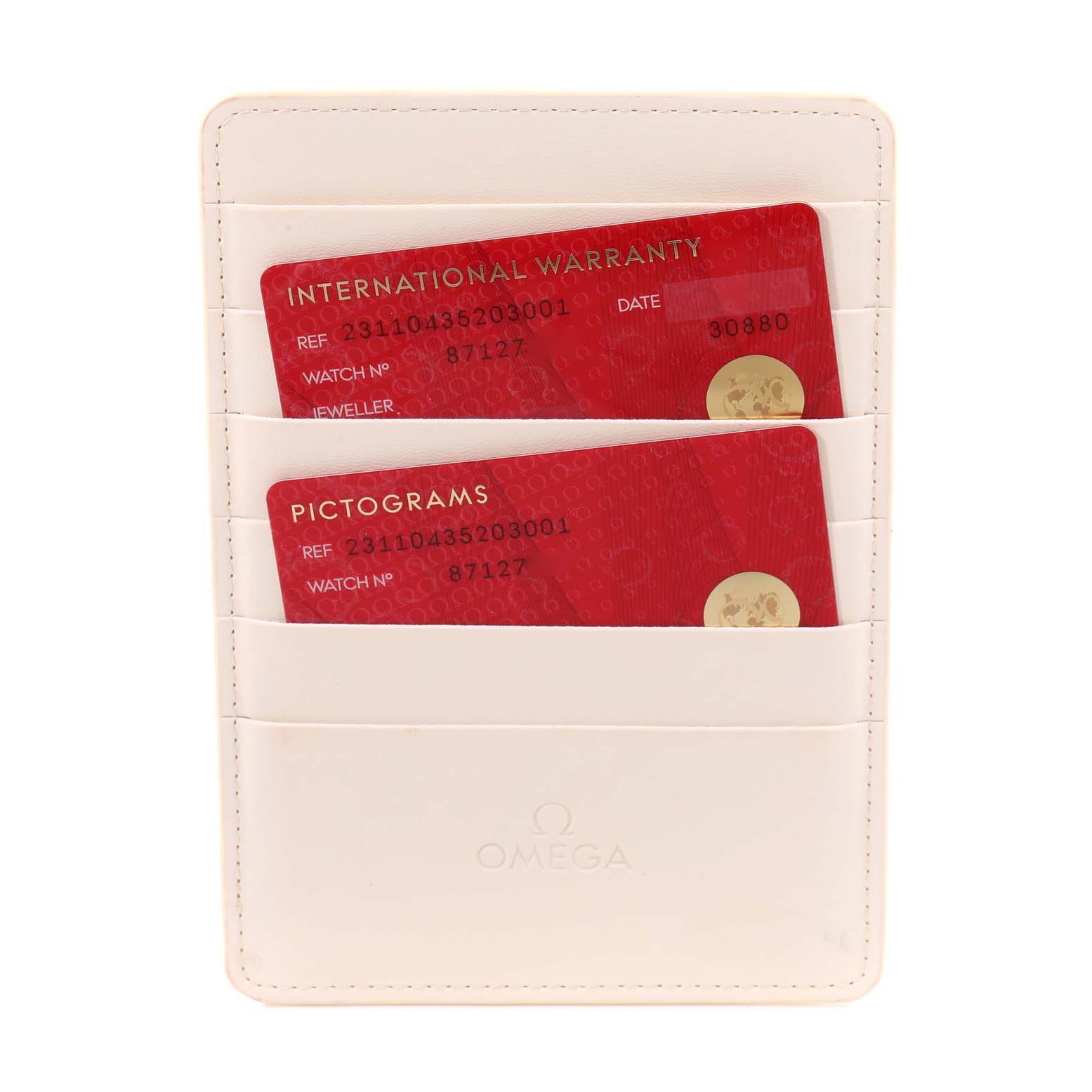 The image shows the international warranty and pictograms cards for the Omega Aqua Terra 231.10.43.52.03.001 Men
s Stainless Steel Blue Dial 231.10.43.52.03.001 Men
s Stainless Steel Blue Dial model, in a white cardholder.