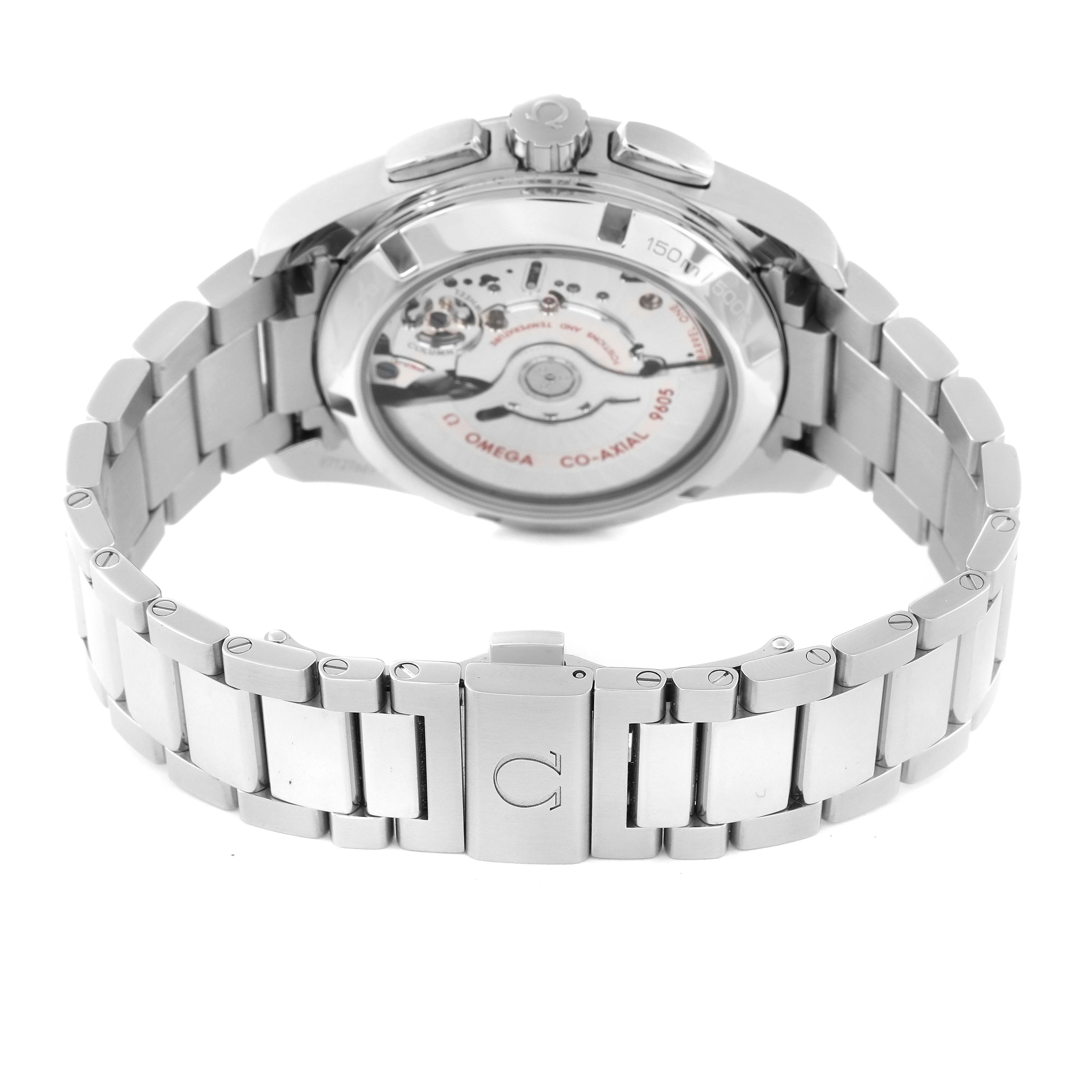 The image shows the back view of the Omega Aqua Terra 231.10.43.52.03.001 Men
s Stainless Steel Blue Dial 231.10.43.52.03.001 Men
s Stainless Steel Blue Dial watch
s case, revealing its movement, along with the metal bracelet and clasp.