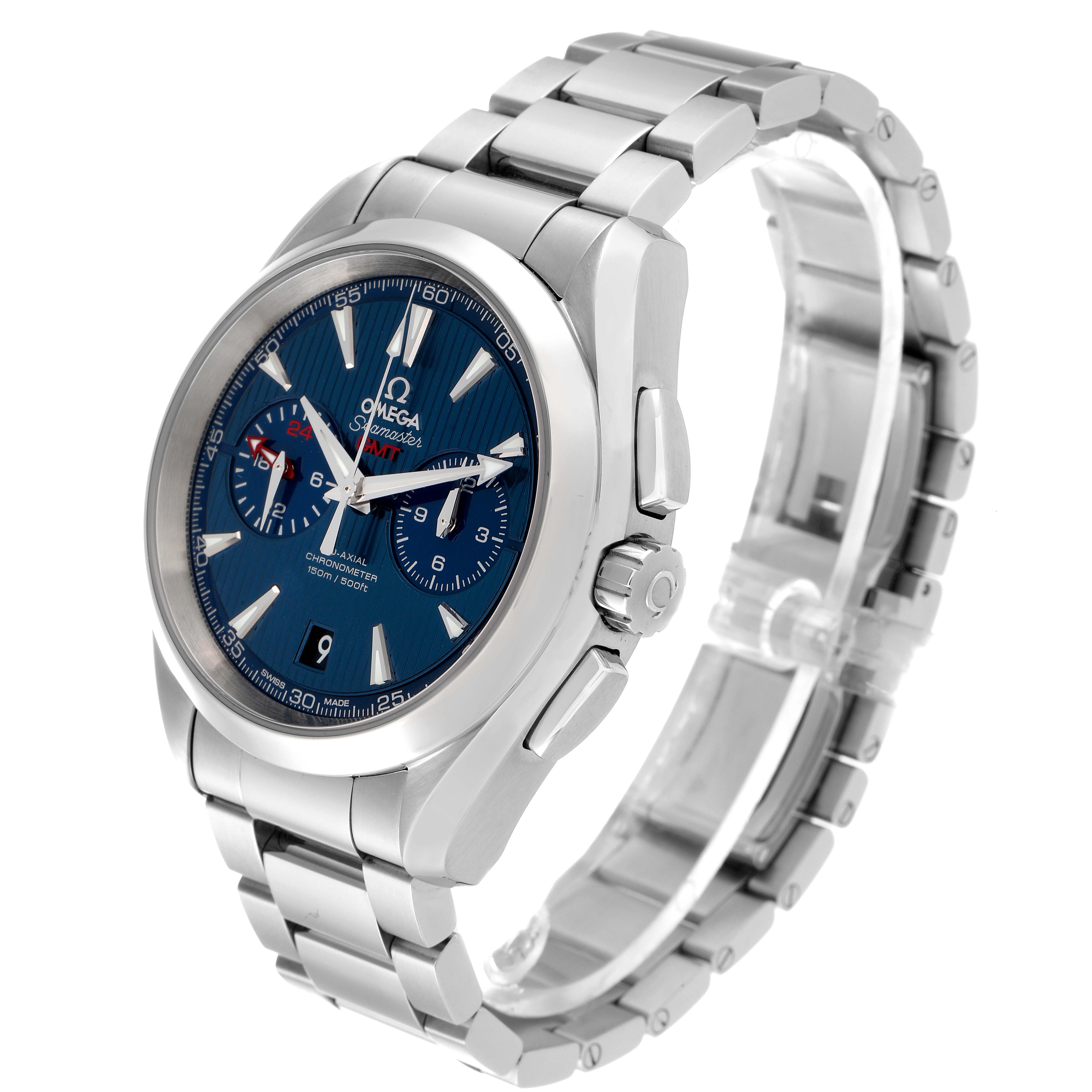 The image shows a side-angle view of the Omega Aqua Terra 231.10.43.52.03.001 Men
s Stainless Steel Blue Dial 231.10.43.52.03.001 Men
s Stainless Steel Blue Dial watch, highlighting its blue dial, metal bracelet, and side crown.