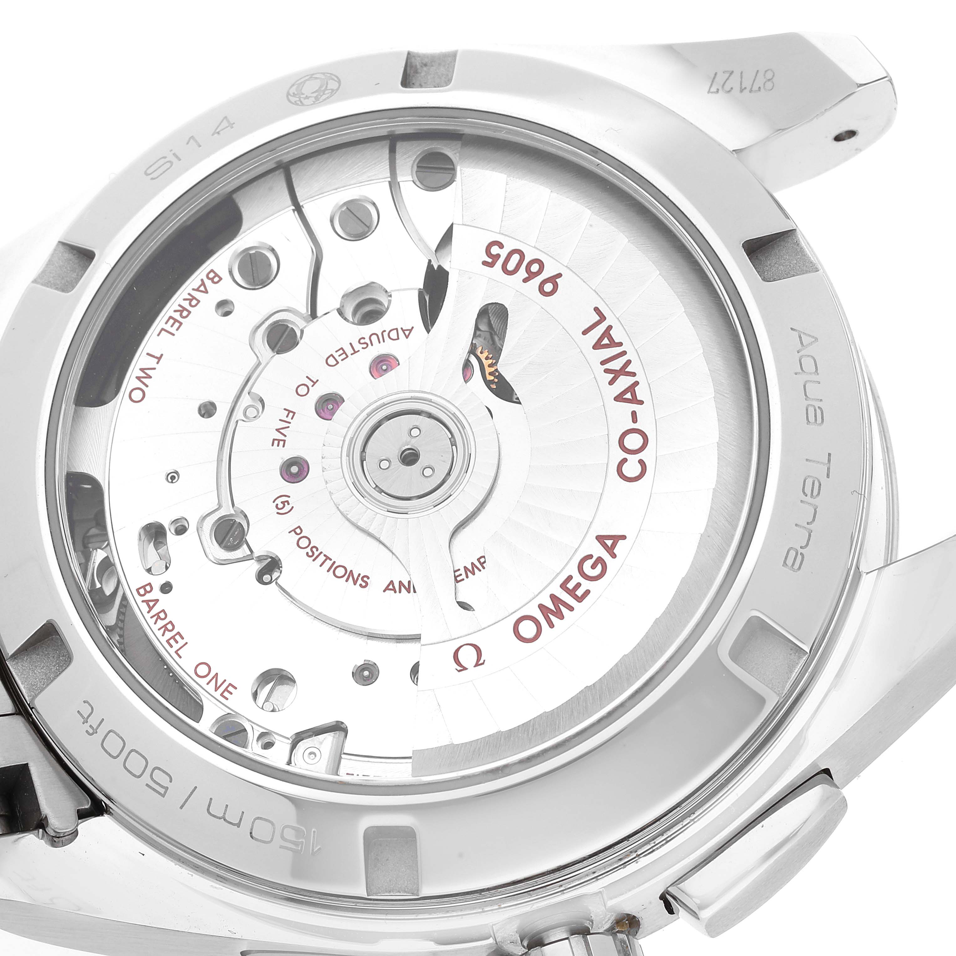 The image shows the back view of the Omega Aqua Terra 231.10.43.52.03.001 Men
s Stainless Steel Blue Dial 231.10.43.52.03.001 Men
s Stainless Steel Blue Dial watch, highlighting its inner mechanical movement.