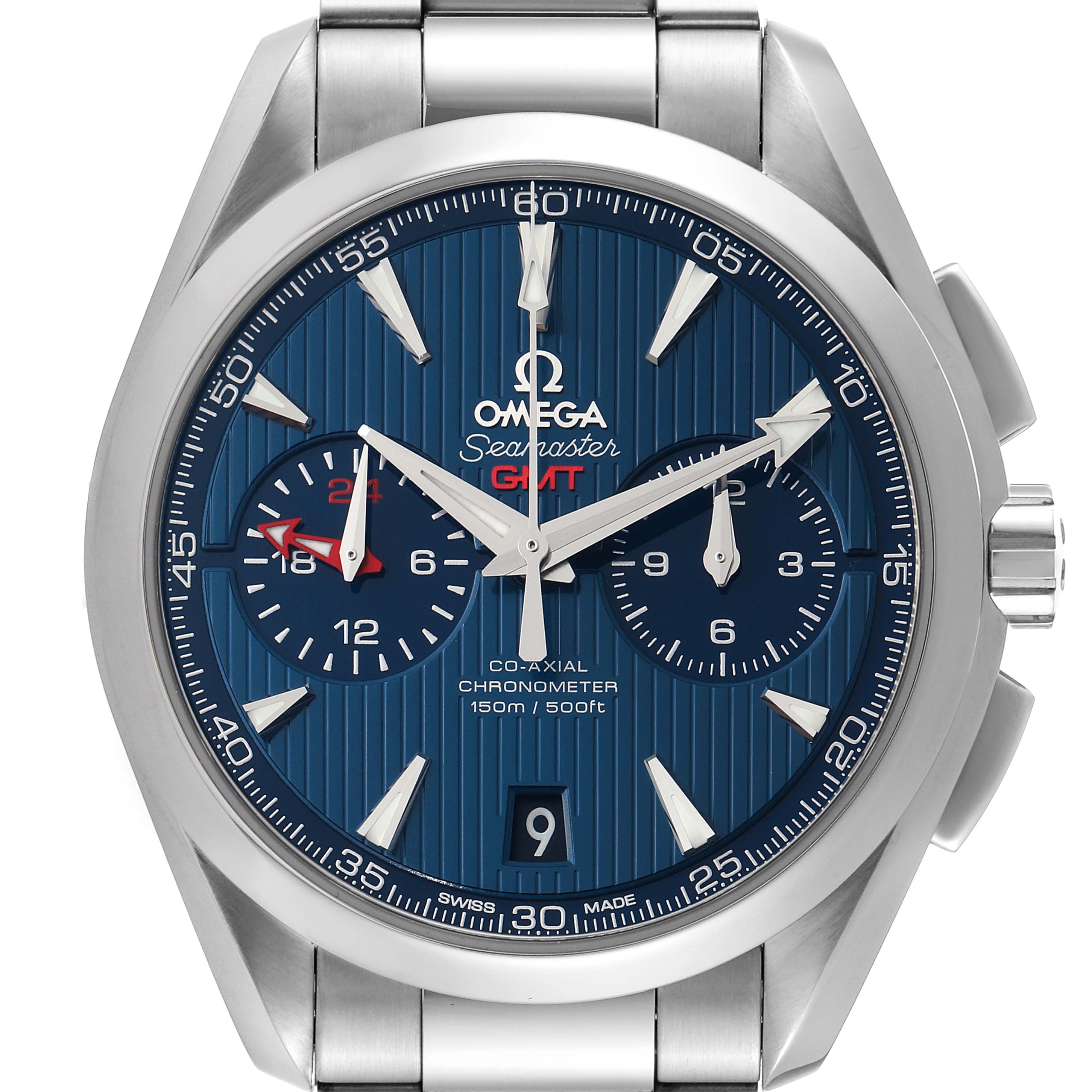 This is a frontal view of the Omega Seamaster Aqua Terra watch, showcasing its blue dial and chronometer features.