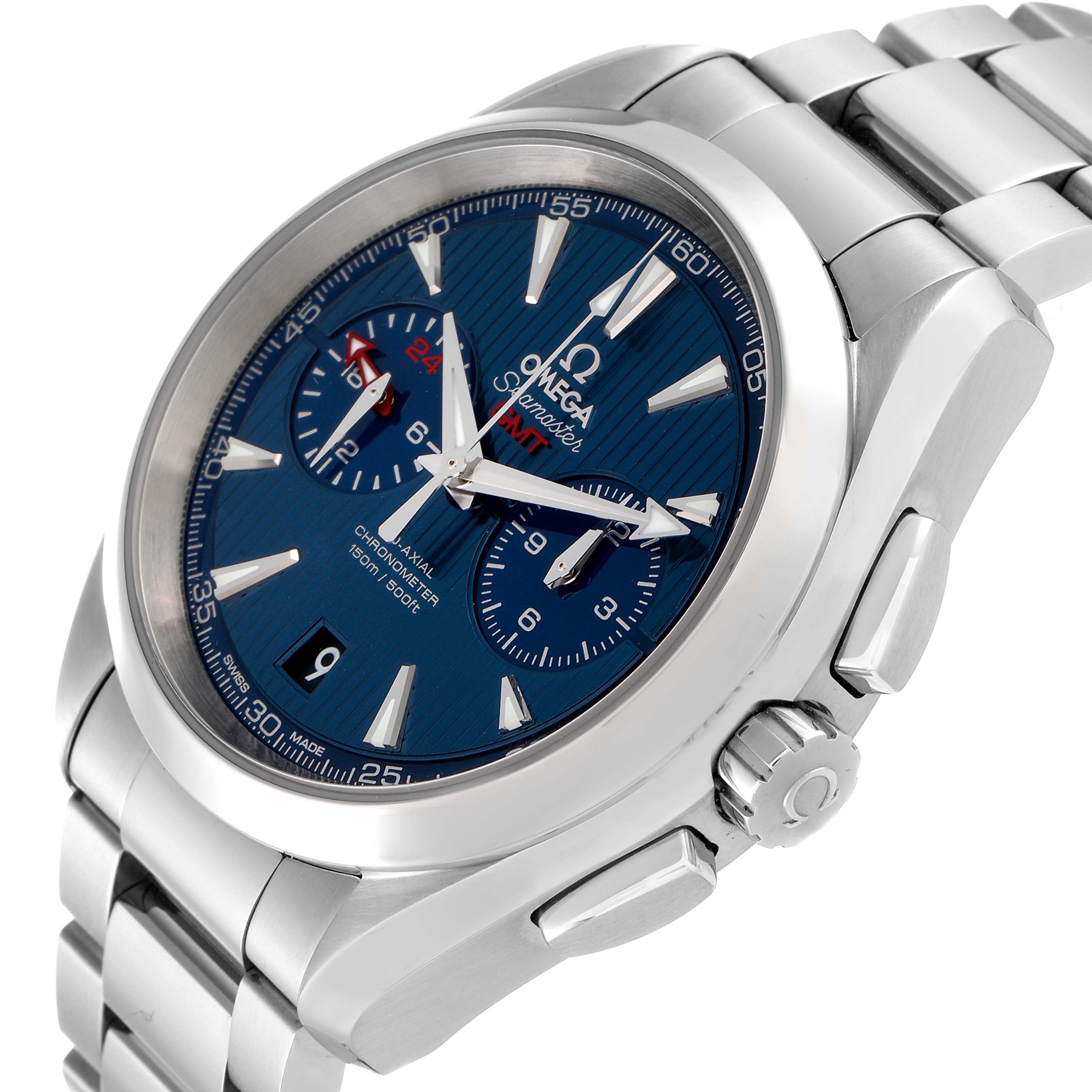 The image showcases an Omega Aqua Terra 231.10.43.52.03.001 Men
s Stainless Steel Blue Dial 231.10.43.52.03.001 Men
s Stainless Steel Blue Dial watch, highlighting its face, dial, case, bezel, subdials, crown, and part of the stainless steel bracelet.