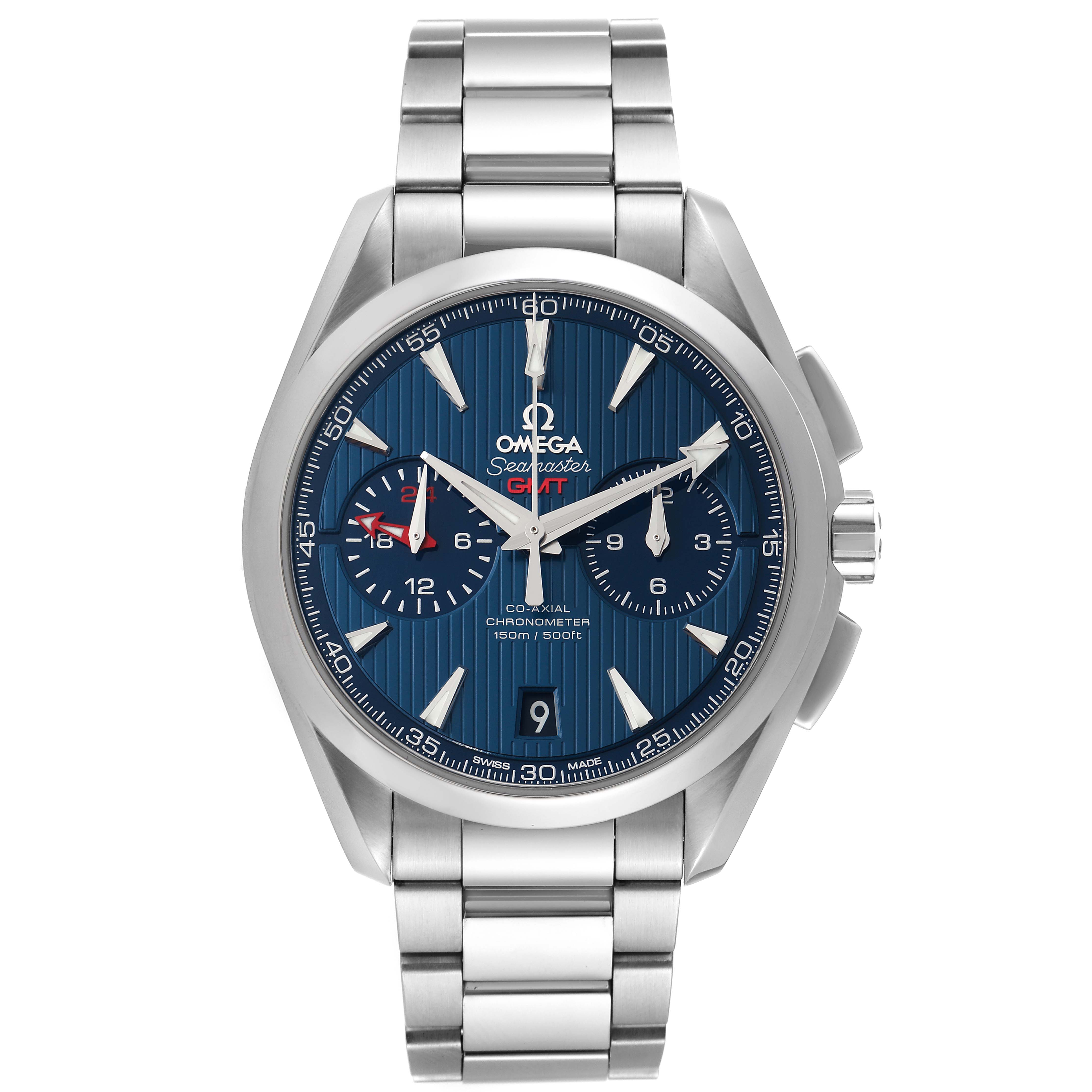 The Omega Aqua Terra 231.10.43.52.03.001 Men
s Stainless Steel Blue Dial 231.10.43.52.03.001 Men
s Stainless Steel Blue Dial watch is shown from the front, displaying its blue dial, stainless steel bracelet, and multiple subdials. 