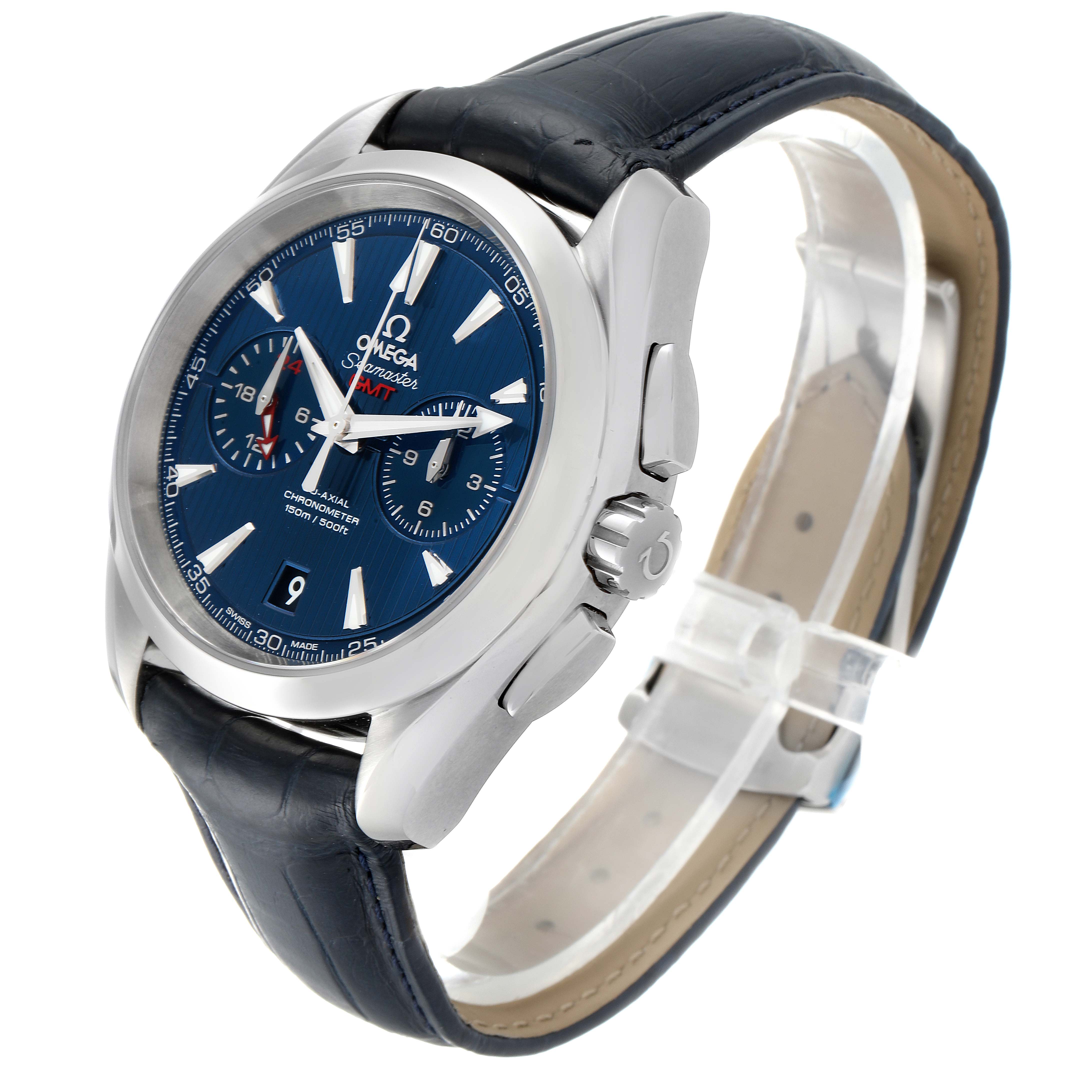 The image shows an Omega Aqua Terra 231.13.43.52.03.001 Men
s Stainless Steel Blue Dial 231.13.43.52.03.001 Men
s Stainless Steel Blue Dial watch, displaying its face, crown, and leather strap at a three-quarter angle.