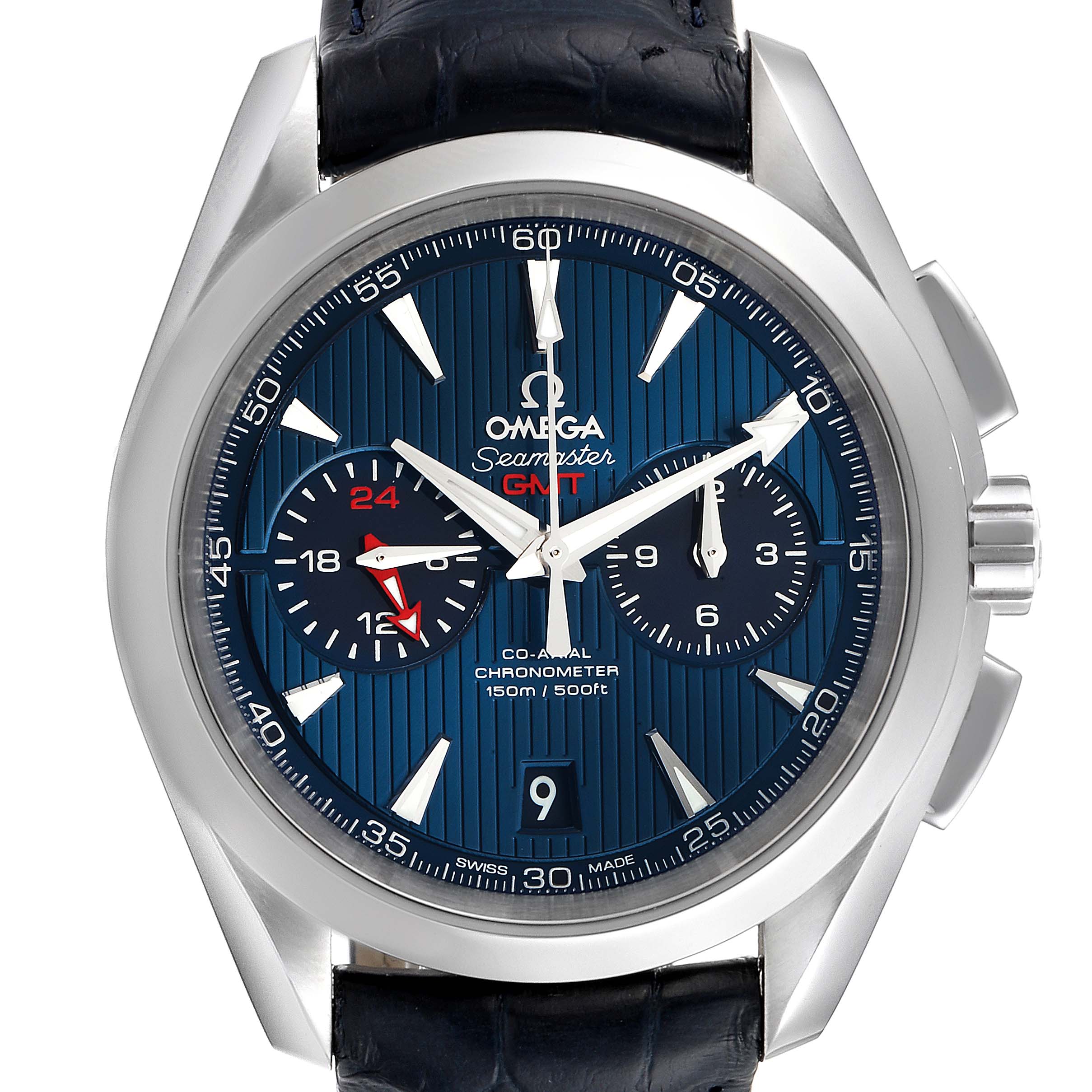 The Omega Aqua Terra 231.13.43.52.03.001 Men
s Stainless Steel Blue Dial 231.13.43.52.03.001 Men
s Stainless Steel Blue Dial watch is shown from a front angle, highlighting its dial, subdials, crown, and bezel.