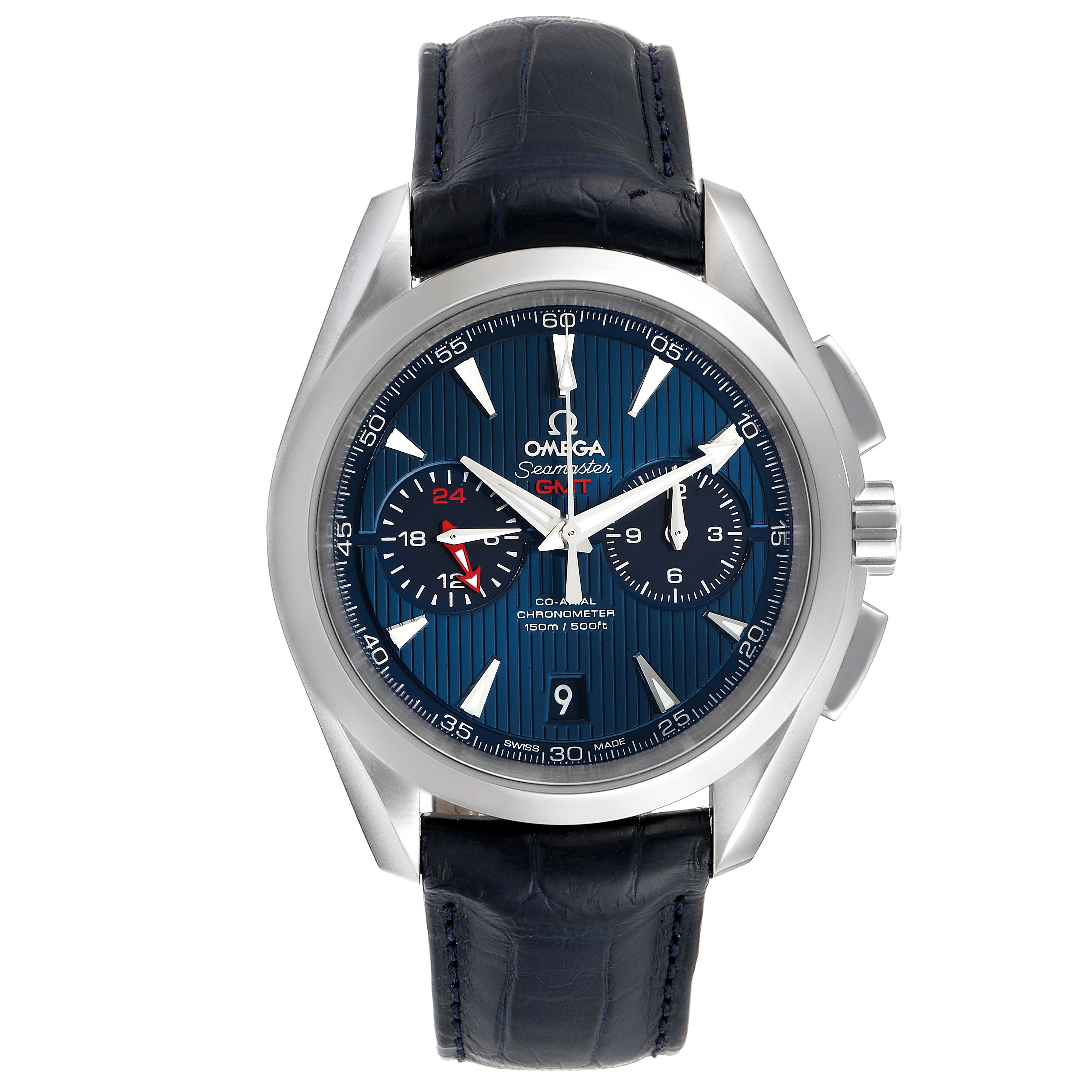 The image shows a front view of the Omega Aqua Terra 231.13.43.52.03.001 Men
s Stainless Steel Blue Dial 231.13.43.52.03.001 Men
s Stainless Steel Blue Dial watch, featuring its blue dial, subdials, and leather strap.