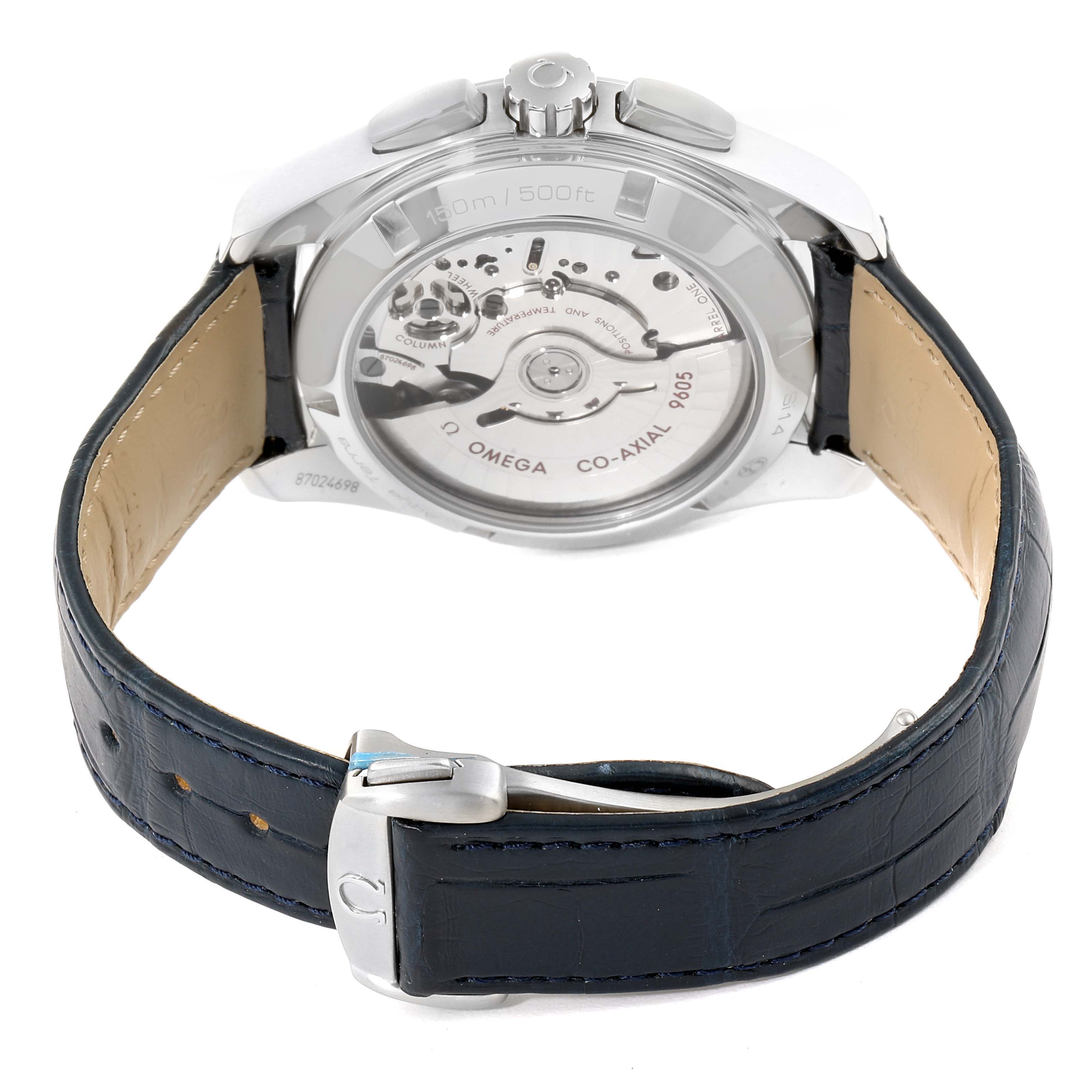 The image shows the back of the Omega Aqua Terra 231.13.43.52.03.001 Men
s Stainless Steel Blue Dial 231.13.43.52.03.001 Men
s Stainless Steel Blue Dial watch, displaying its movement and leather strap.