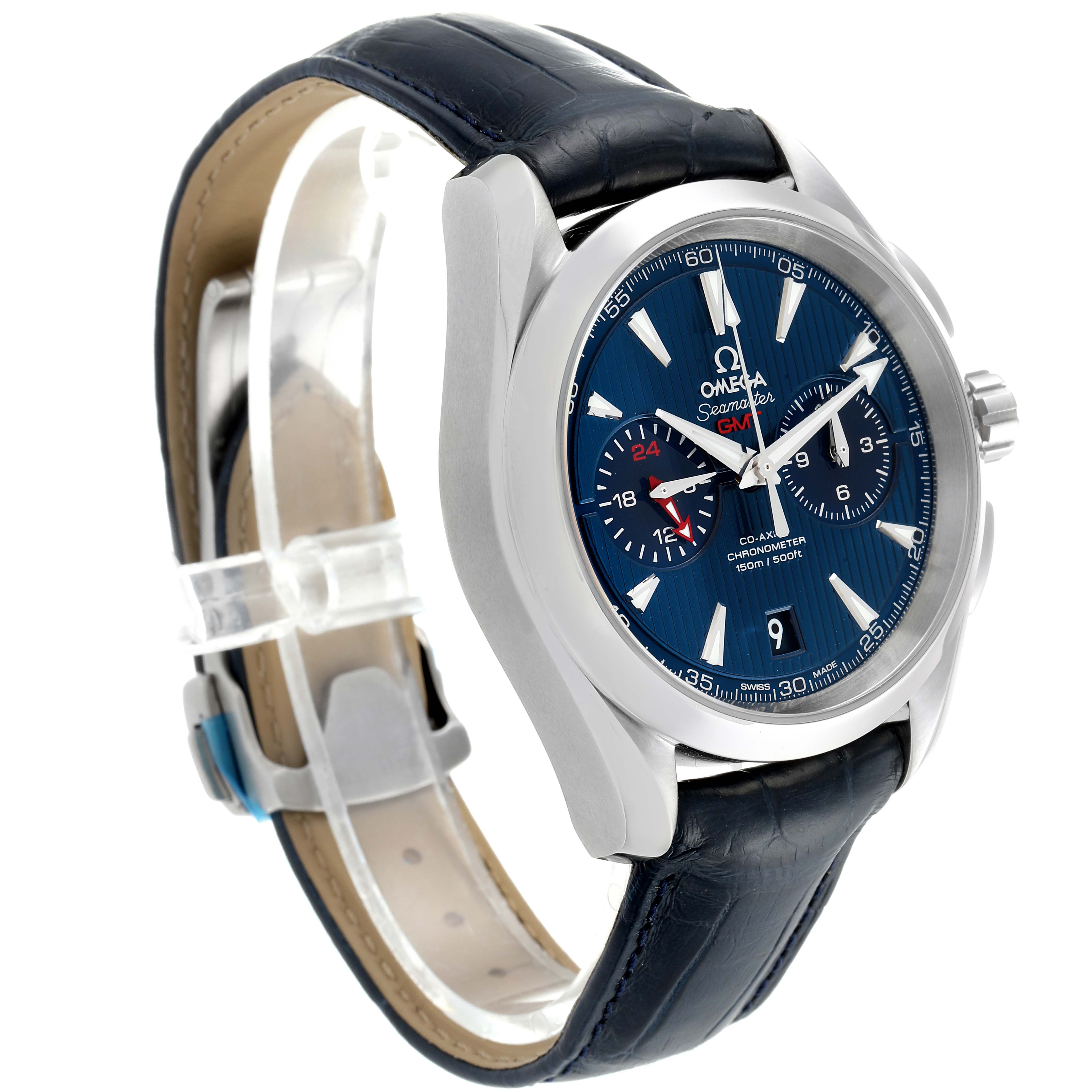 The image shows an Omega Aqua Terra 231.13.43.52.03.001 Men
s Stainless Steel Blue Dial 231.13.43.52.03.001 Men
s Stainless Steel Blue Dial watch from an angled front view, highlighting the blue dial, subdials, case, and leather strap.