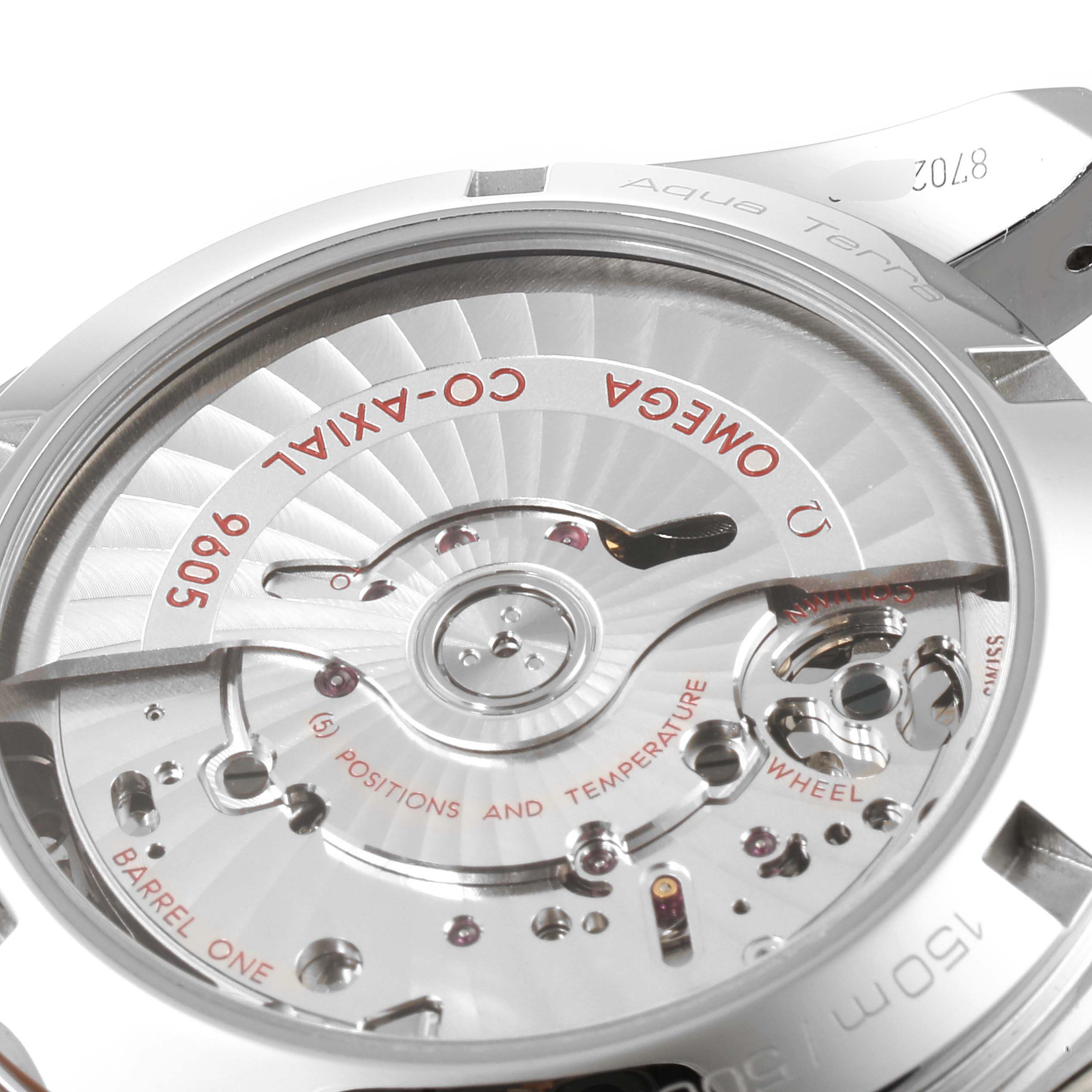 The image shows a close-up view of the Omega Aqua Terra 231.13.43.52.03.001 Men
s Stainless Steel Blue Dial 231.13.43.52.03.001 Men
s Stainless Steel Blue Dial watch
s movement and internal mechanisms.