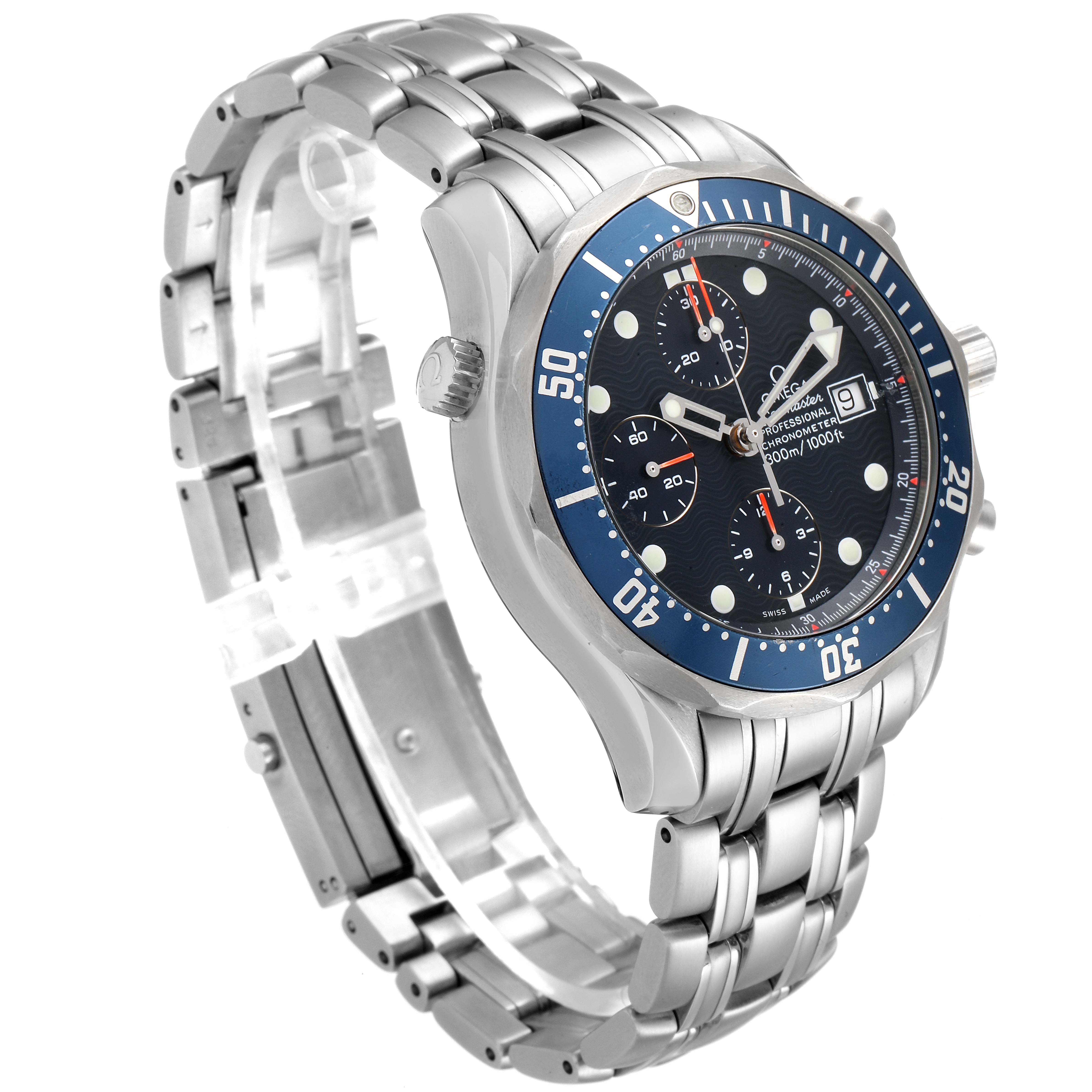 The image shows a side-angle view of an Omega Seamaster 2599.80.00 Men
s Stainless Steel Blue Dial 2599.80.00 Men
s Stainless Steel Blue Dial watch, highlighting the face, bezel, case, crown, and bracelet.