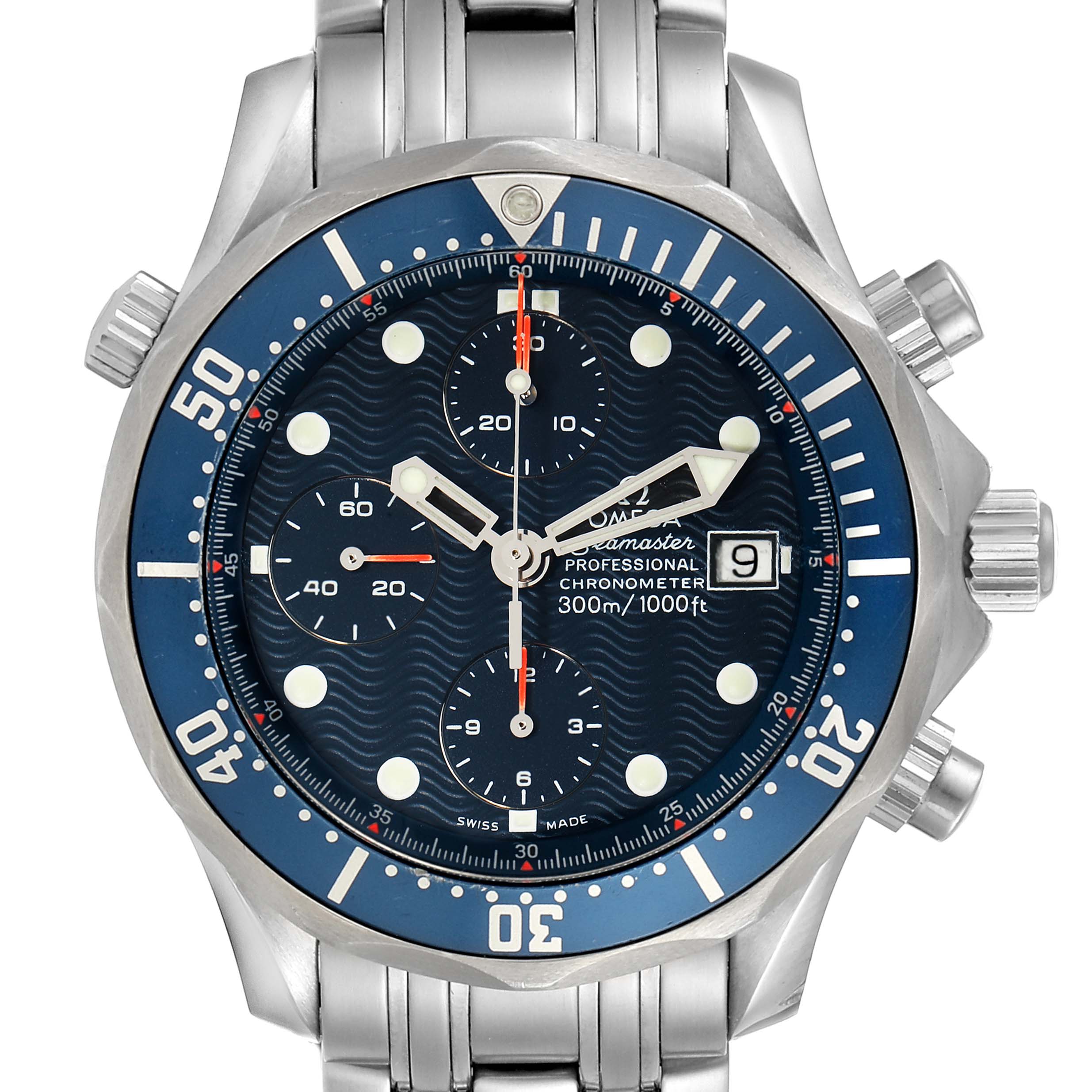 The image shows a front view of the Omega Seamaster 2599.80.00 Men
s Stainless Steel Blue Dial 2599.80.00 Men
s Stainless Steel Blue Dial watch, highlighting its dial, bezel, crown, subdials, and bracelet.