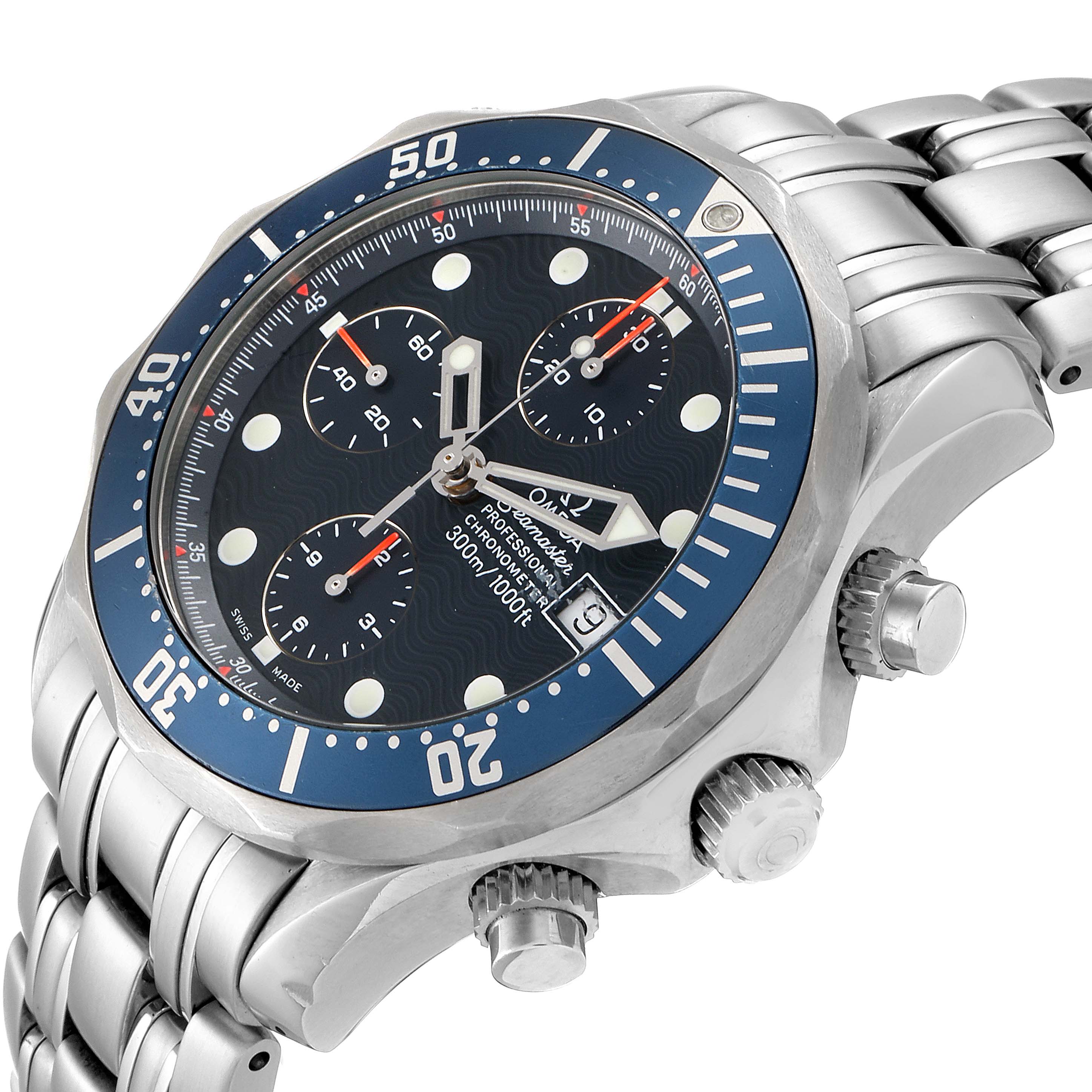 This Omega Seamaster 2599.80.00 Men
s Stainless Steel Blue Dial 2599.80.00 Men
s Stainless Steel Blue Dial watch is shown at an angle highlighting the face, bezel, crown, and part of the stainless steel bracelet.