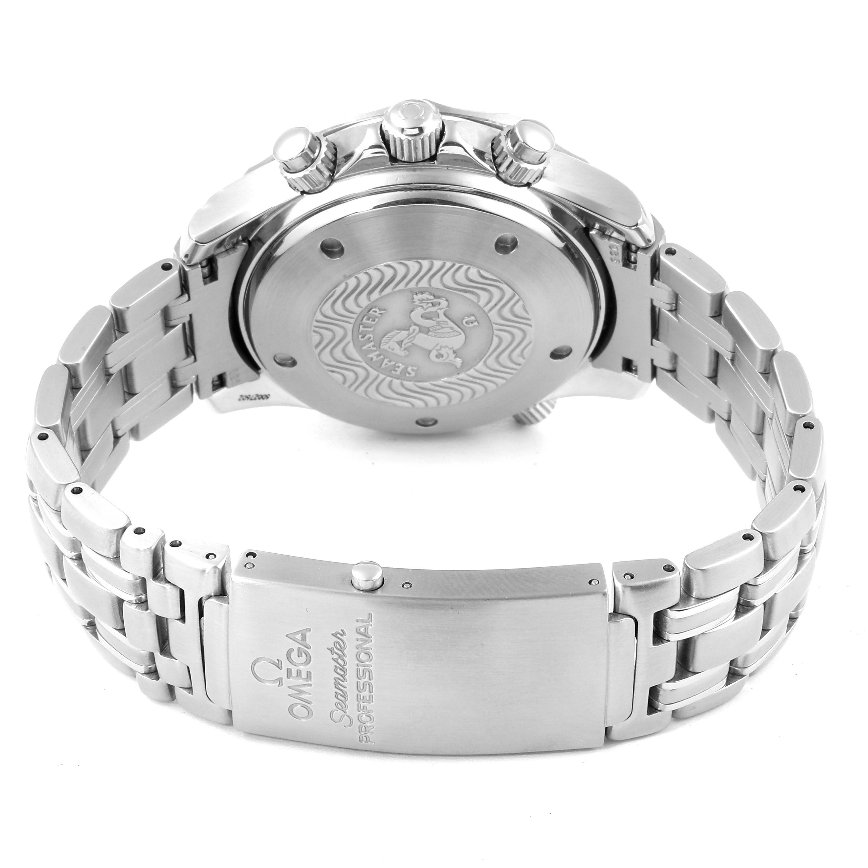 The image shows the back case, crown, pushers, and bracelet with clasp of an Omega Seamaster 2599.80.00 Men
s Stainless Steel Blue Dial 2599.80.00 Men
s Stainless Steel Blue Dial watch.