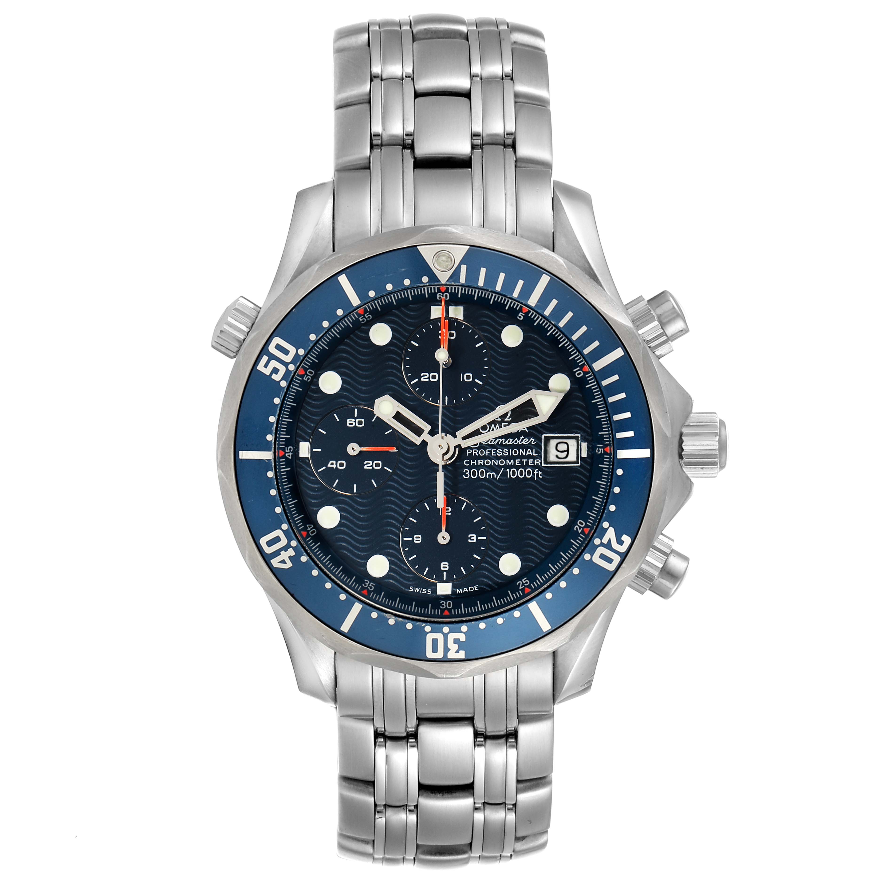 The Omega Seamaster 2599.80.00 Men
s Stainless Steel Blue Dial 2599.80.00 Men
s Stainless Steel Blue Dial watch is shown from the front, displaying the face, bezel, and bracelet.
