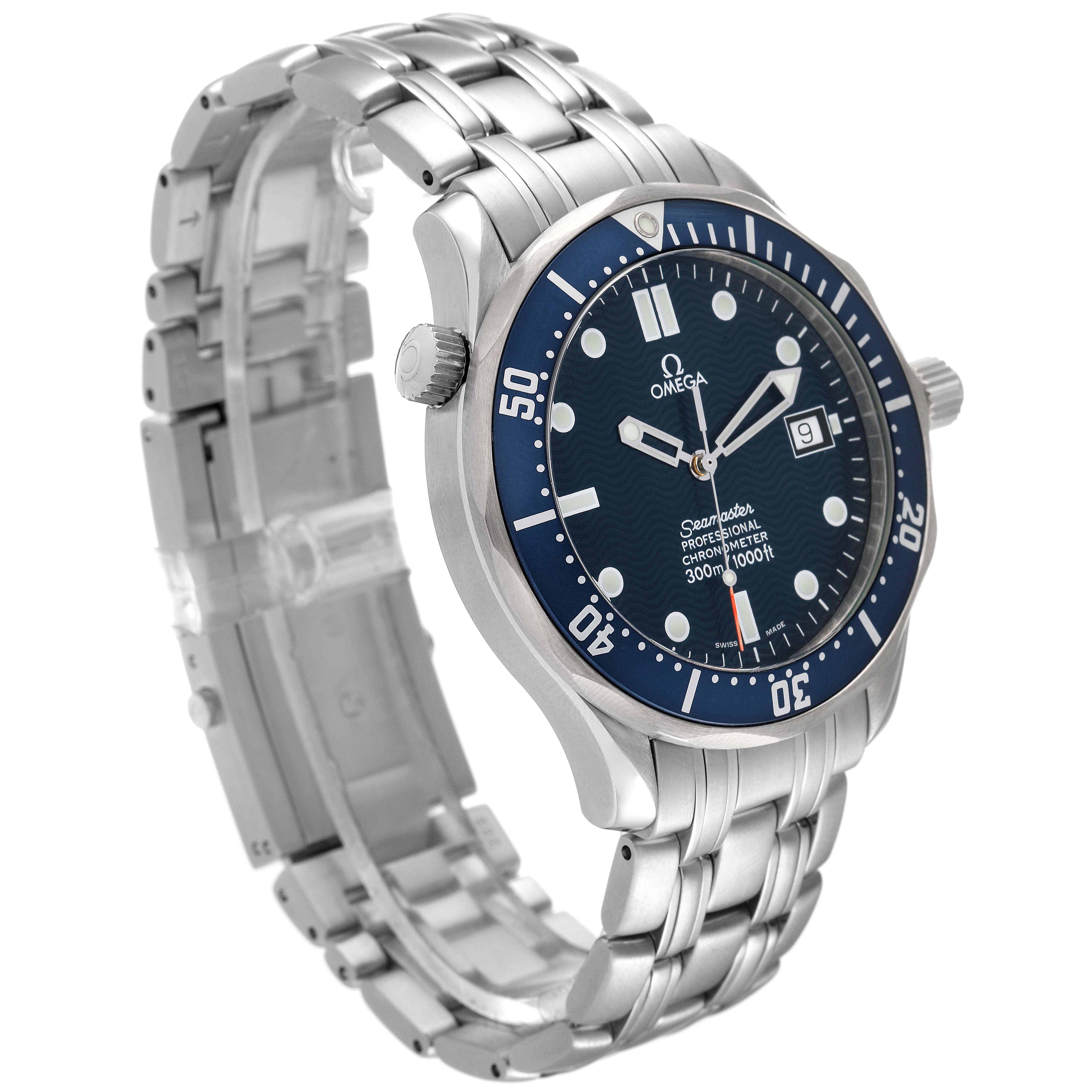 The Omega Seamaster 2531.80.00 Men's Stainless Steel Blue Dial 2531.80.00 Men's Stainless Steel Blue Dial watch is shown at an angle highlighting the face, bezel, crown, and bracelet.