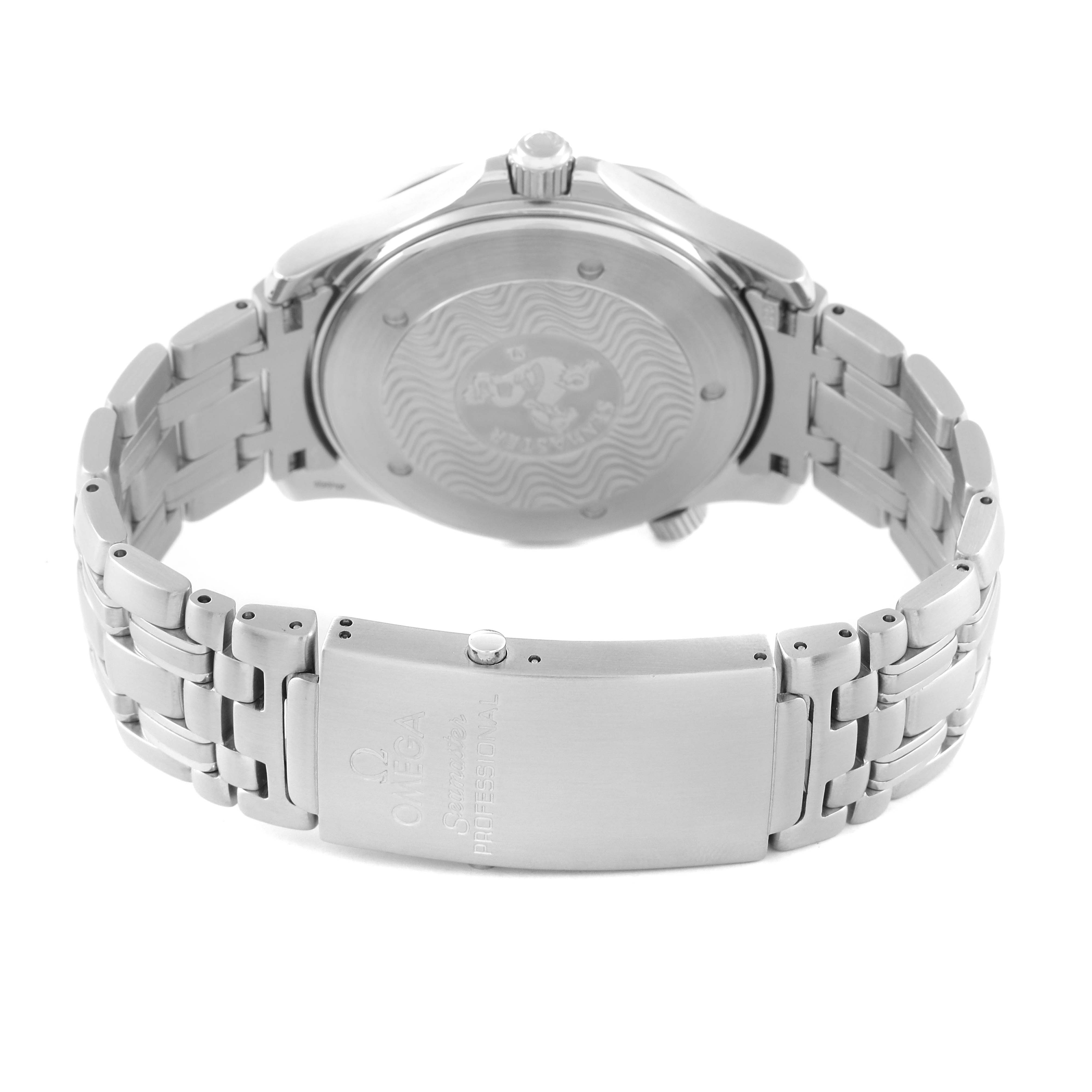 The photo shows the back case and clasp of an Omega Seamaster 2531.80.00 Men's Stainless Steel Blue Dial 2531.80.00 Men's Stainless Steel Blue Dial watch, highlighting the stainless steel bracelet and engraved logos.