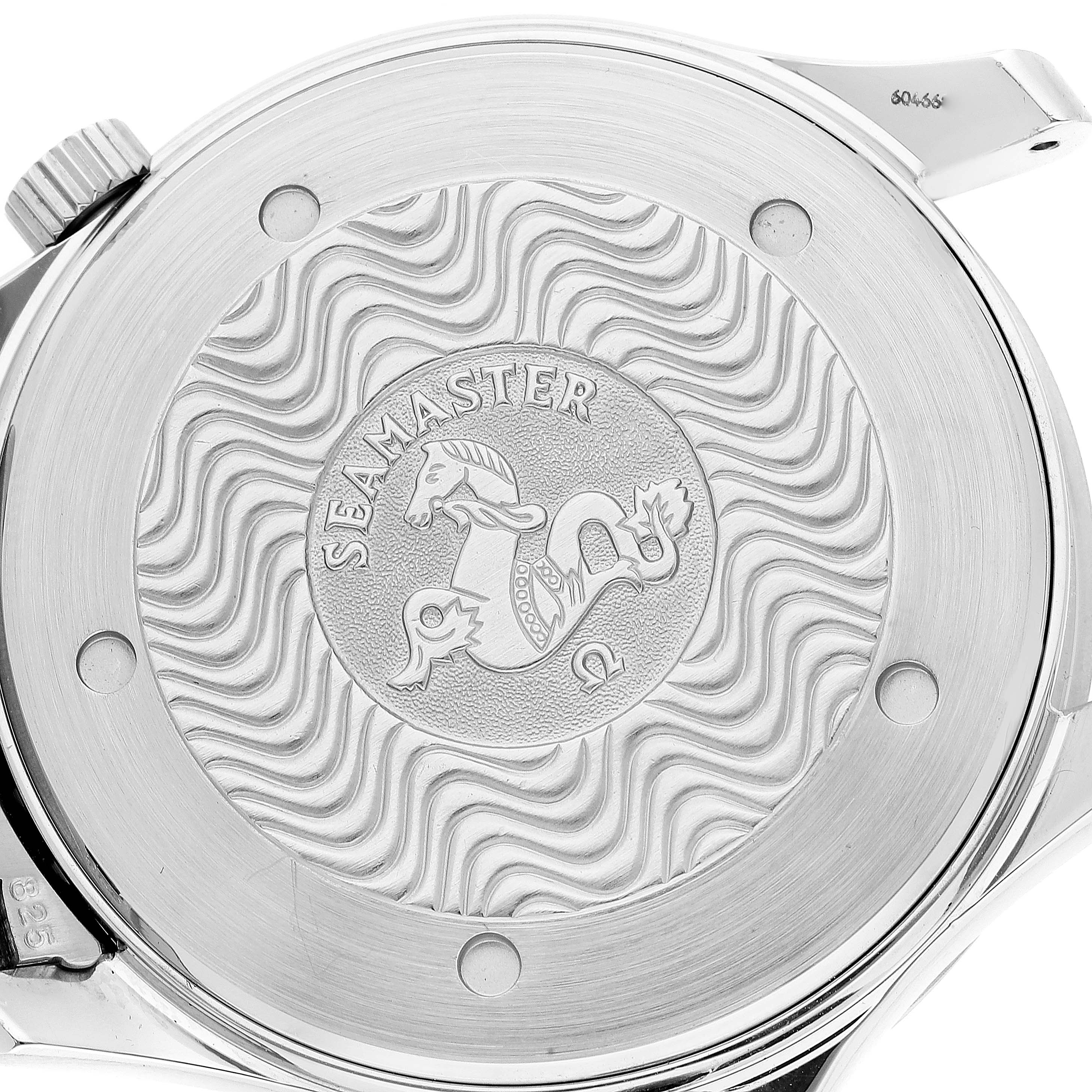 The image shows the case back of an Omega Seamaster 2531.80.00 Men's Stainless Steel Blue Dial 2531.80.00 Men's Stainless Steel Blue Dial watch, displaying the engraved Seamaster logo.